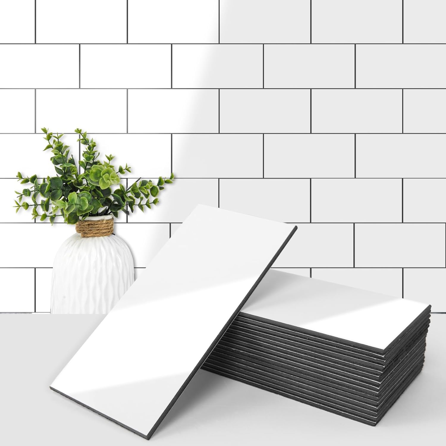 Art3d 102-Piece Peel and Stick Wall Tile for Kitchen Backsplash, Bathroom, Fireplace, 3in.  6in. Stick on Subway Tile, Glossy White