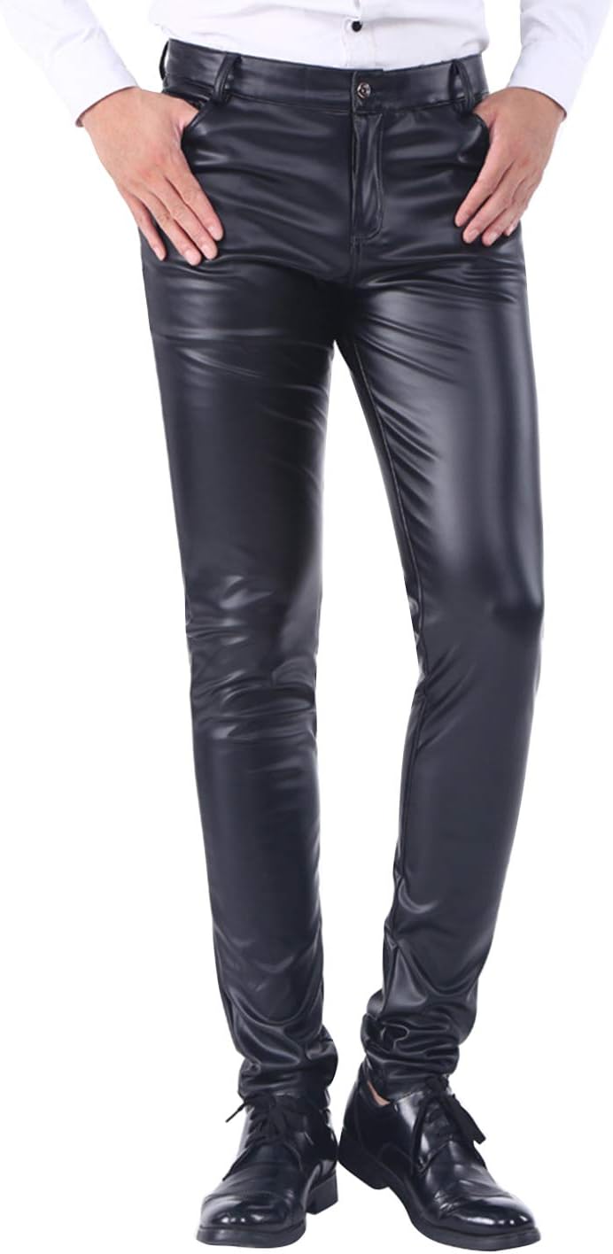 Yeokou Mens Business Casual High Waist Straight Leg PU Faux Leather Biker Pants