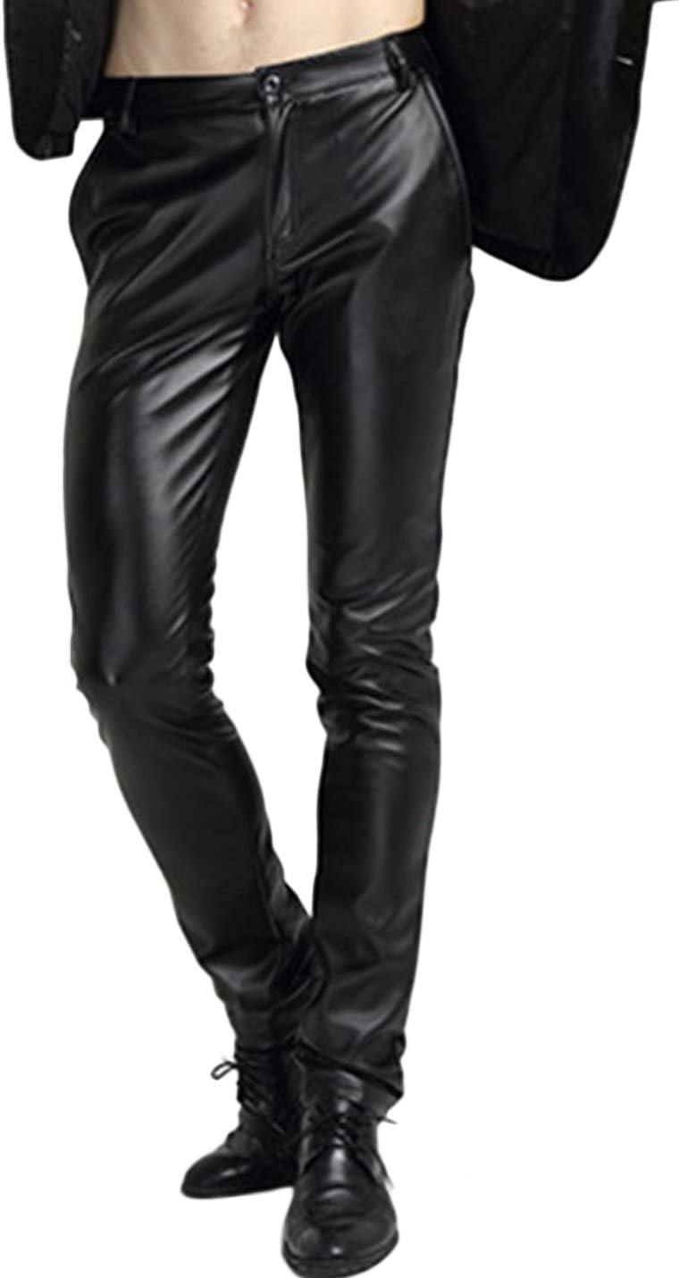 Yeokou Men' Skinny Straight Leg Tapered Pu Faux Leather Motorcycle Biker Pants