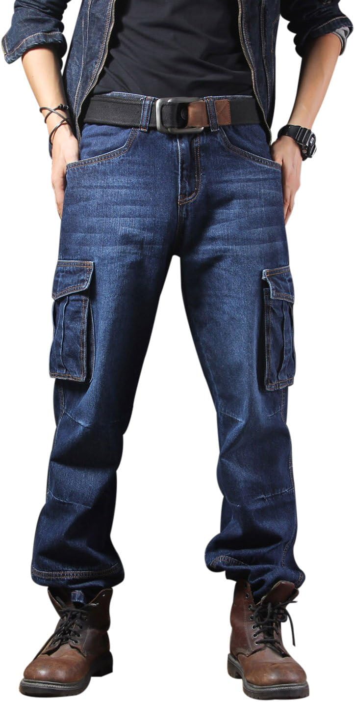 Yeokou Men' Casual Loose Hip Hop Denim Work Pants Jeans with Cargo Pockets