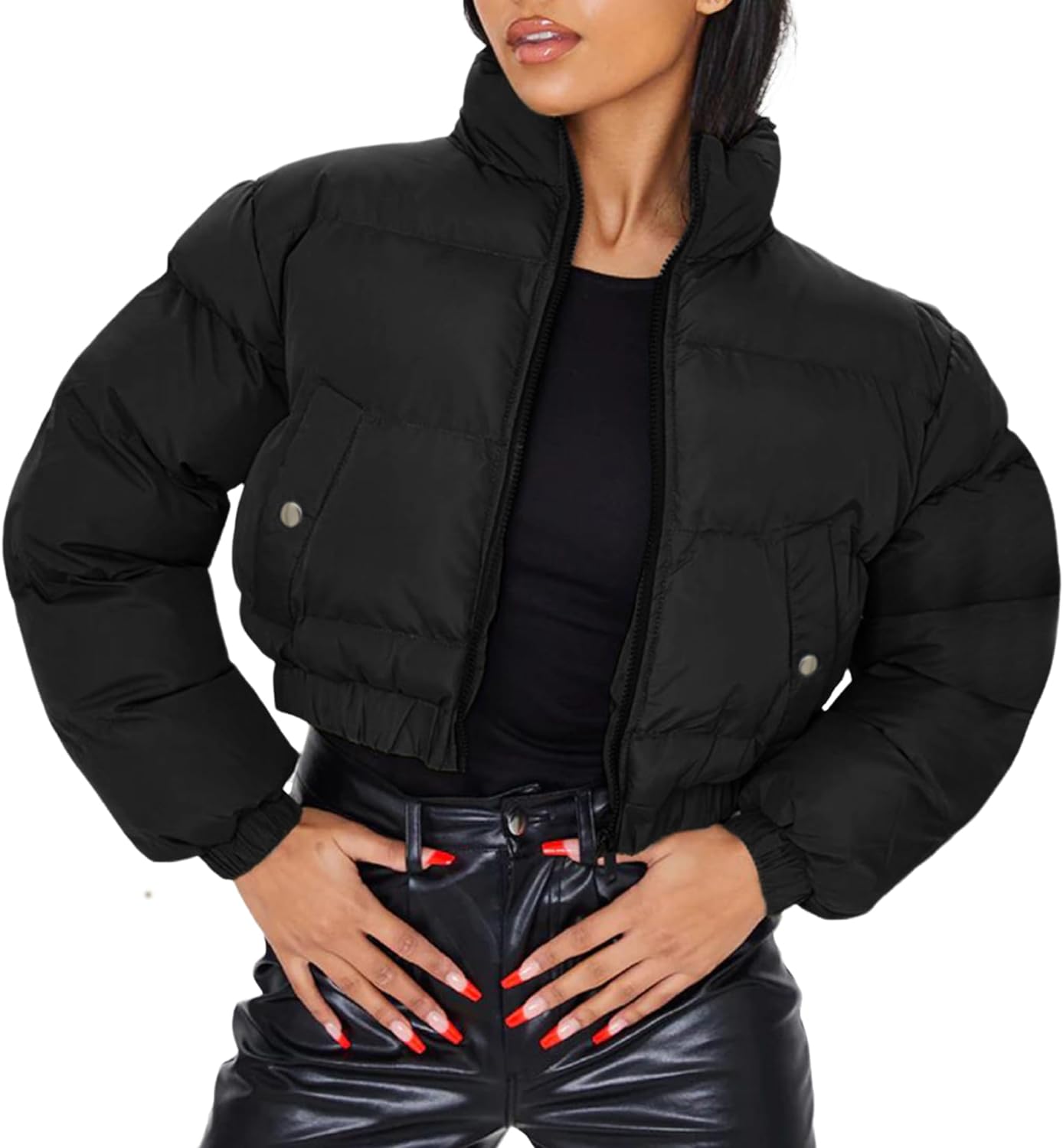 Yeokou Women' Cropped Puffer Jacket Black Stand Collar Zip Up Short Bubble Coat with Pockets