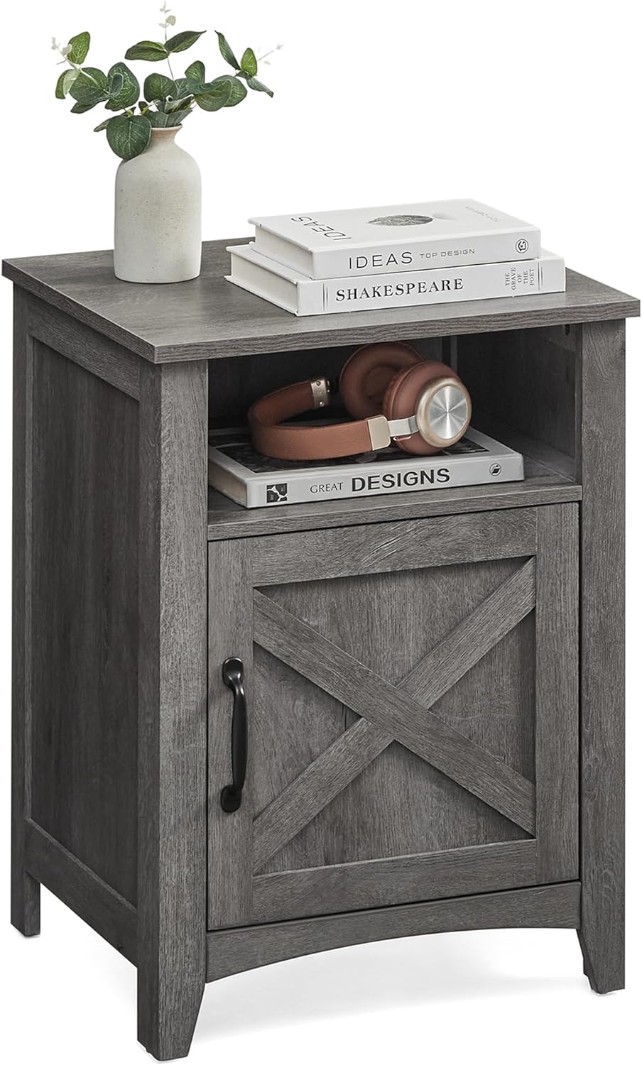 VASAGLE Farmhouse Nightstand with Barn Door, Bedside Table with Storage, Side End Table, Night Stand with Open Compartment, for Bedroom, Misty Gray ULET609G68