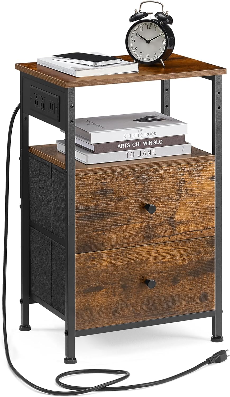 VASAGLE Nightstand with Charging Station, Night Stand, Side Table with 2 Drawers and 1 Open Shelf, Fabric Drawers with MDF Front, End Table, Rustic Brown and Classic Black ULGS027K01