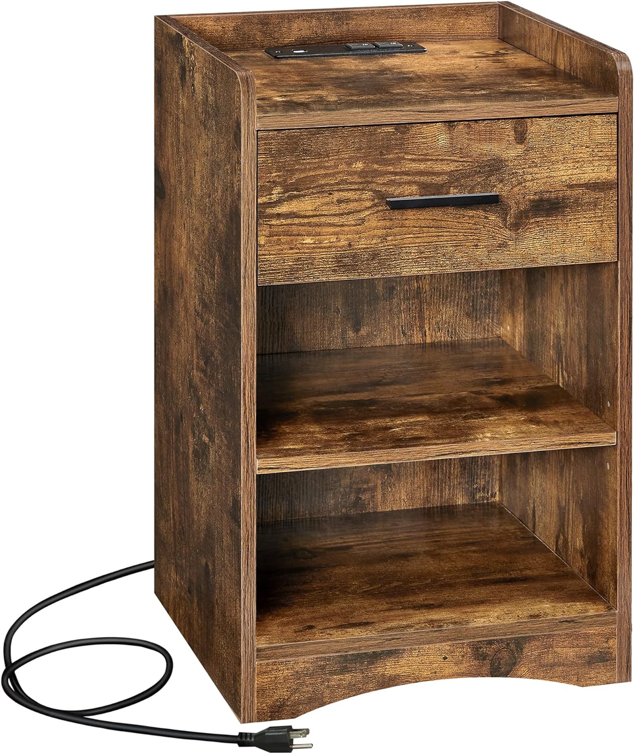 VASAGLE Nightstand with Charging Station, Bed Side Table with USB Ports and Outlets, Drawer, Storage Shelves, Plug-in Series, Rustic Brown, 40 cm x 40 cm x 64 cm