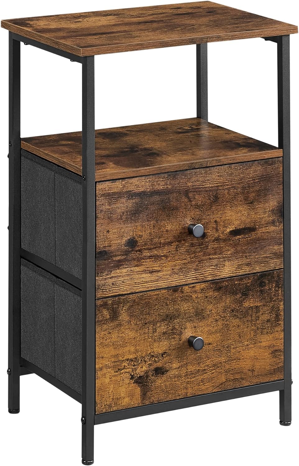 VASAGLE Nightstand, 24-Inch Tall Side Table with 2 Fabric Drawers and Storage Shelf, for Bedroom, Rustic Brown and Black ULGS025B01