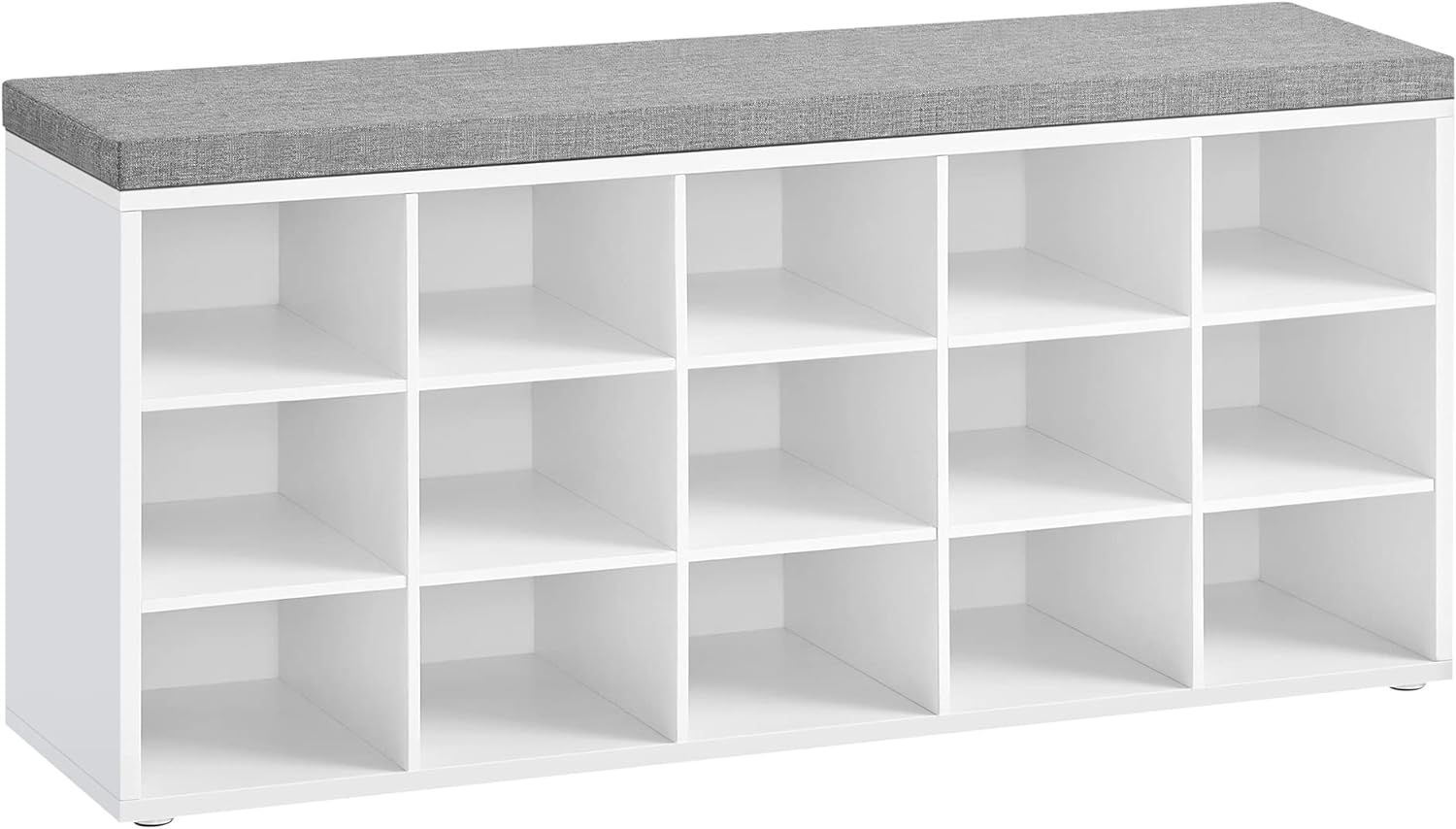 VASAGLE Shoe Bench with Cushion, Storage Bench with Padded Seat, Entryway Bench with 15 Compartments, Adjustable Shelves, for Bedroom, 11.8 x 41.3 x 18.9 Inches, White and Gray ULHS15WT