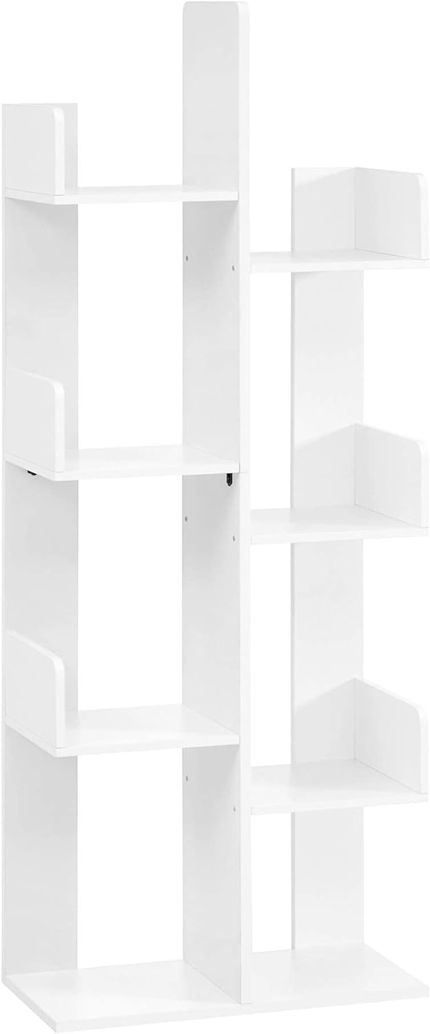 VASAGLE Bookcase, Tree-Shaped Bookshelf with 8 Storage Shelves, Rounded Corners, White 9.8D x 19.7W x 55.1H in, Engineered Wood