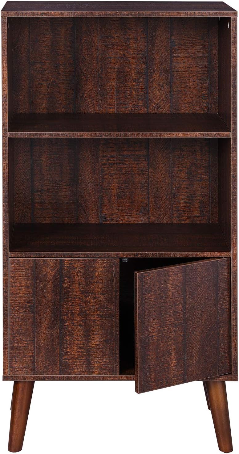 VASAGLE, Walnut Bookcase, 3-Tier Retro Bookshelf with Doors, Storage Cabinet for Books, Photos, Decorations in Living Room, Office, Study, Mid-Century Style, ULBC09BY, 23.6L x 11.8W x 47.2H