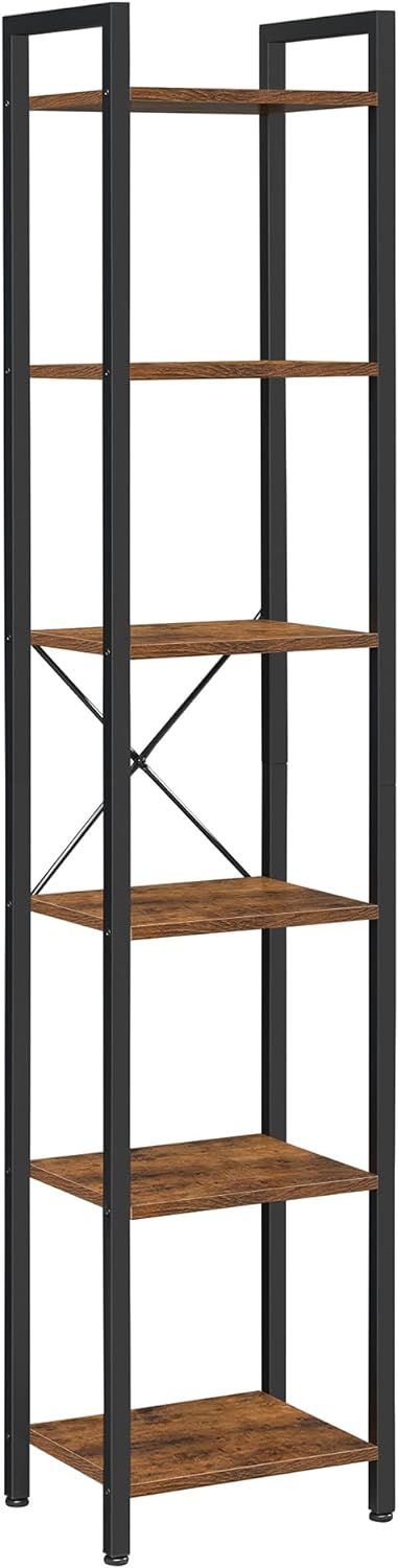 VASAGLE 6-Tier Tall Bookshelf, Skinny Book Shelf for Living Room, Narrow Bookcase, Home Office, 11.8 x 15.7 x 73.8 Inches, Industrial Style, Rustic Brown and Black ULLS101B01