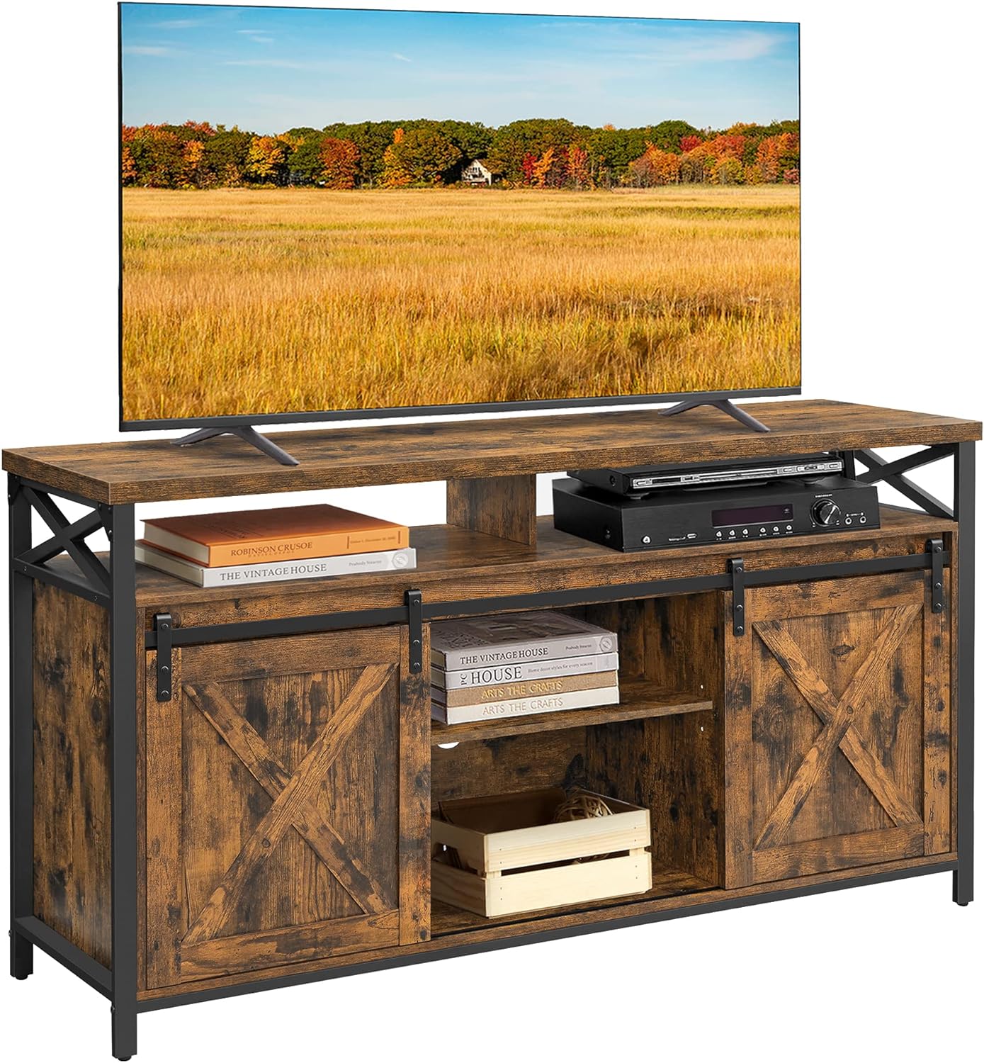 VASAGLE TV Stand for 65 Inch TV, Entertainment Center, TV Table and Console, TV Cabinet with Adjustable Shelves, Industrial Design, Rustic Brown and Black ULTV071B01