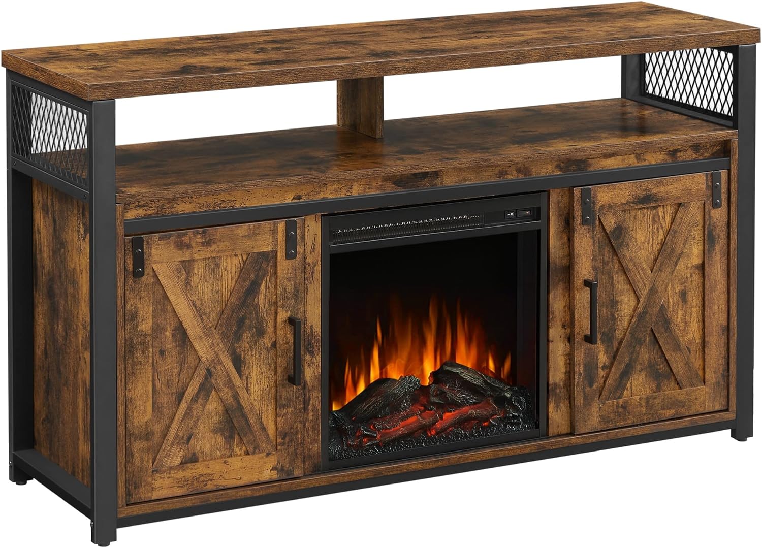 VASAGLE TV Cabinet with Fireplace, TV Stand for TVs up to 60 Inches, with Barn Doors, Adjustable Shelves, Industrial Style, Rustic Brown and Black ULTV053B01