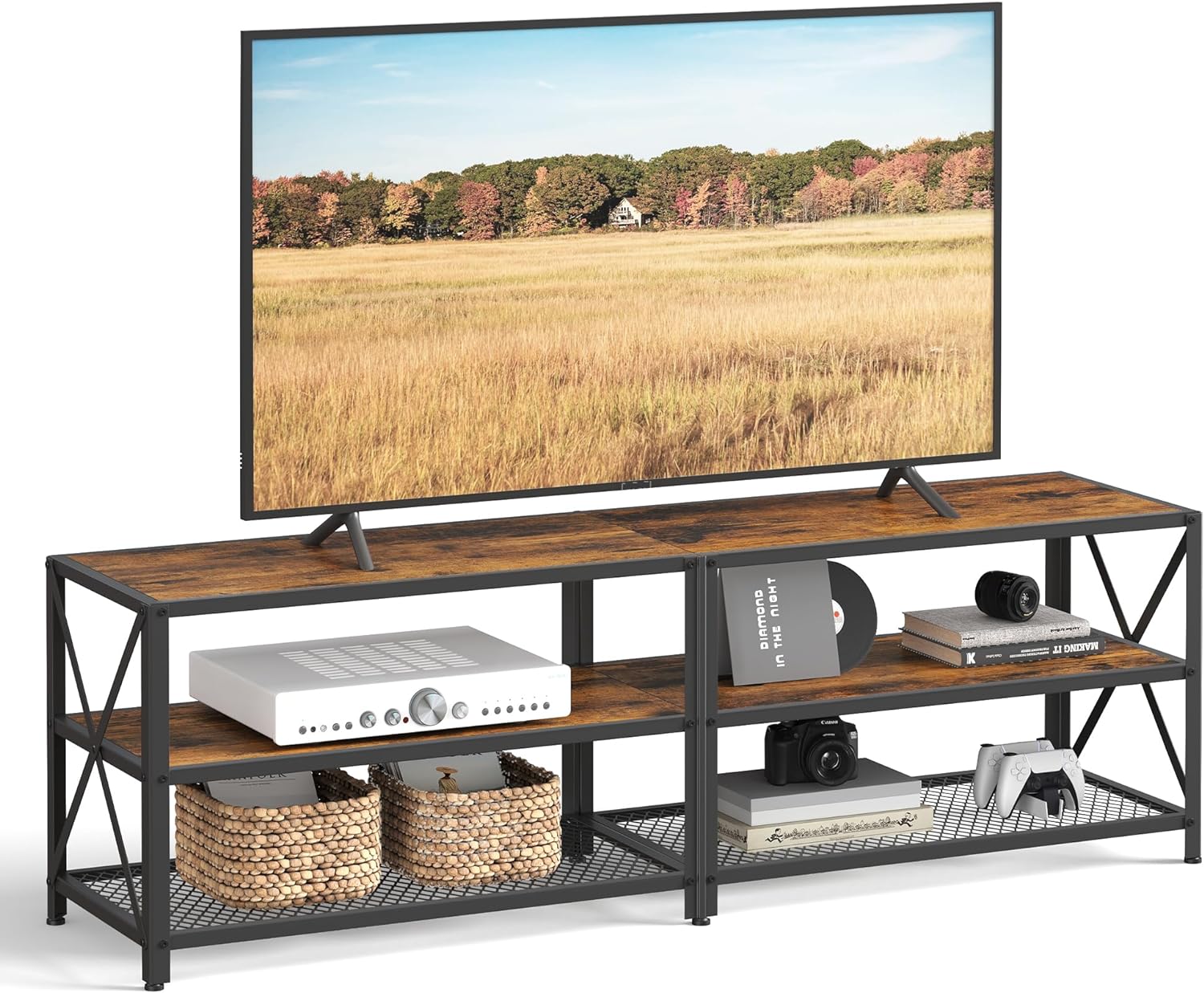 VASAGLE TV Stand, TV Console for TVs Up to 70 Inches, TV Table, 63 Inches Width, TV Cabinet with Storage Shelves, Steel Frame, for Living Room, Bedroom, Rustic Brown and Black ULTV095B01