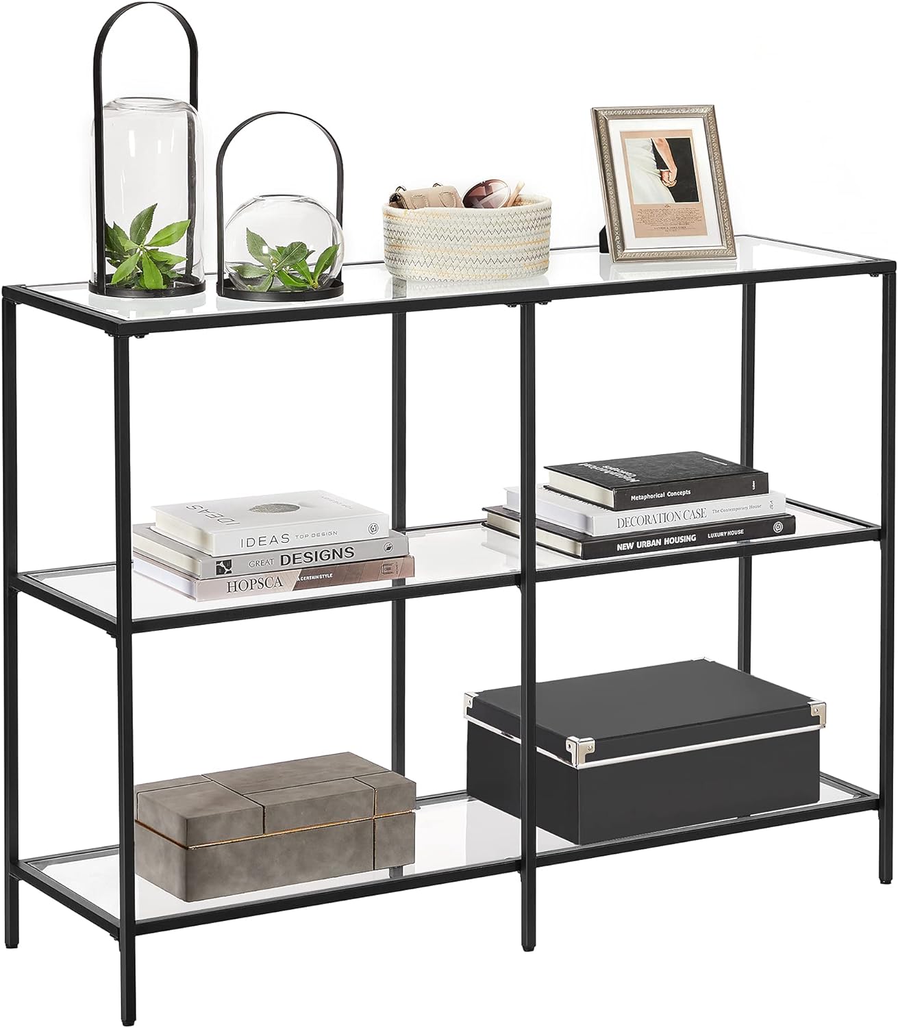 VASAGLE 39.4-Inch 3-Shelf Console Table Black Metal Frame with Tempered Glass Shelves for Entryway, Living Room, Bedroom