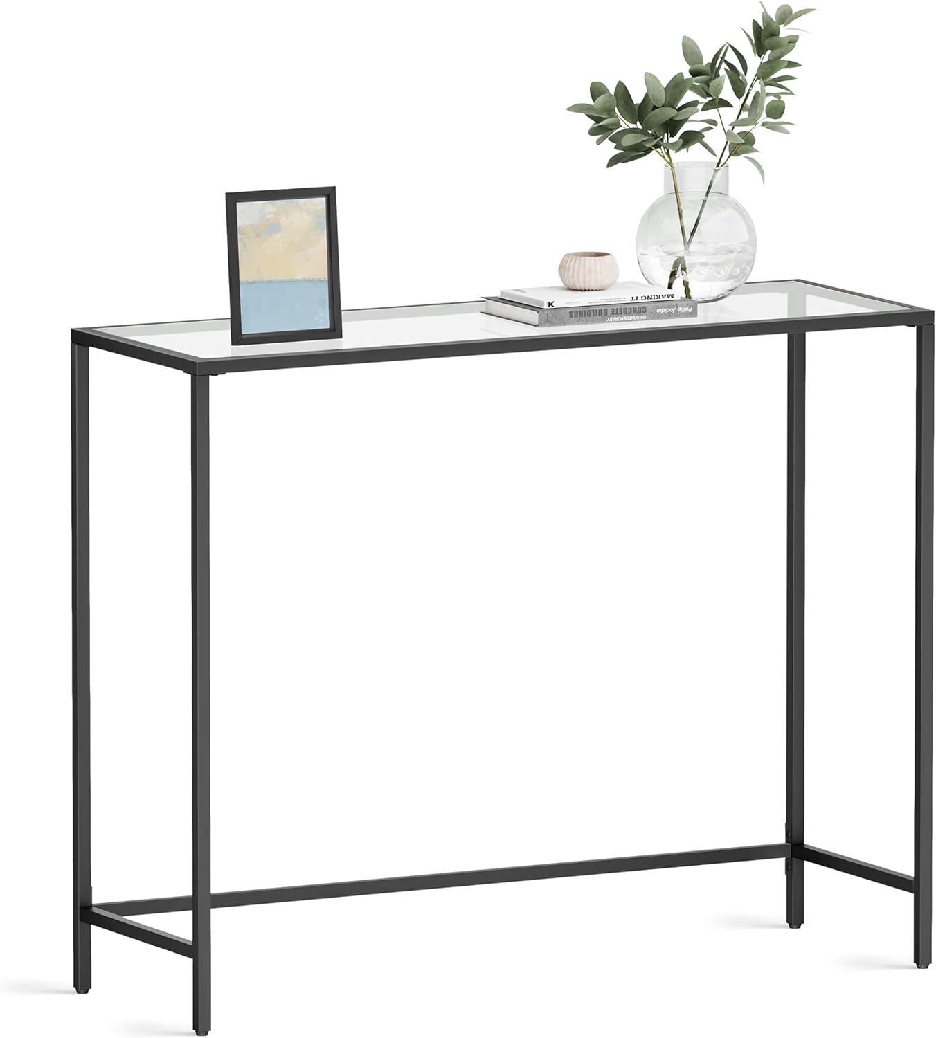 VASAGLE 39.4 Inches Console Table, Tempered Glass Sofa Table, Modern Entryway Table, Metal Frame, Easy to Assemble, Adjustable Feet, for Living Room, Hallway, Black ULGT026B01