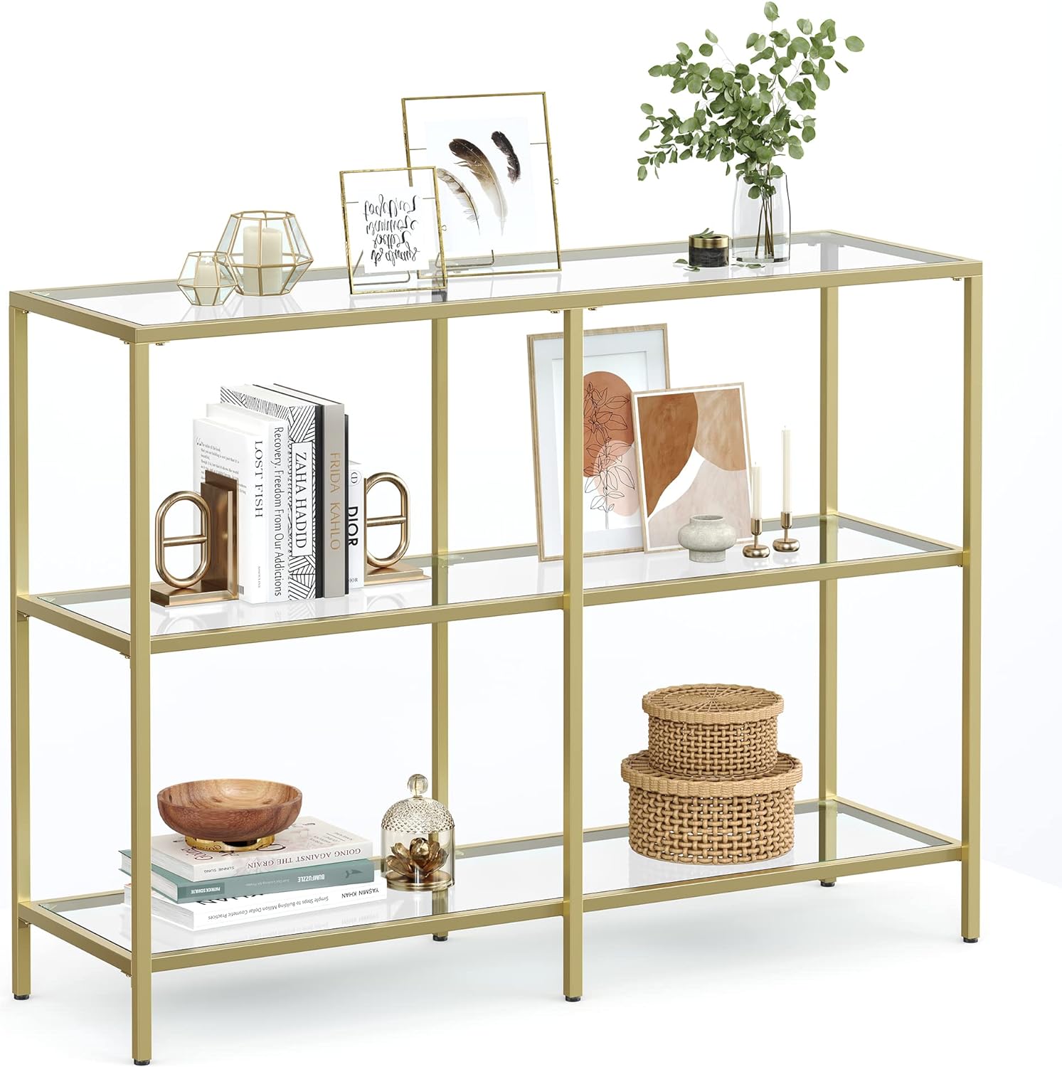 VASAGLE 39.4 Inch Console Table with 3 Shelves, Sofa Table, Entryway Table, Metal Frame, Tempered Glass Shelf, Modern Style, for Entryway Living Room Bedroom, Metallic Gold and Transparent ULGT27G