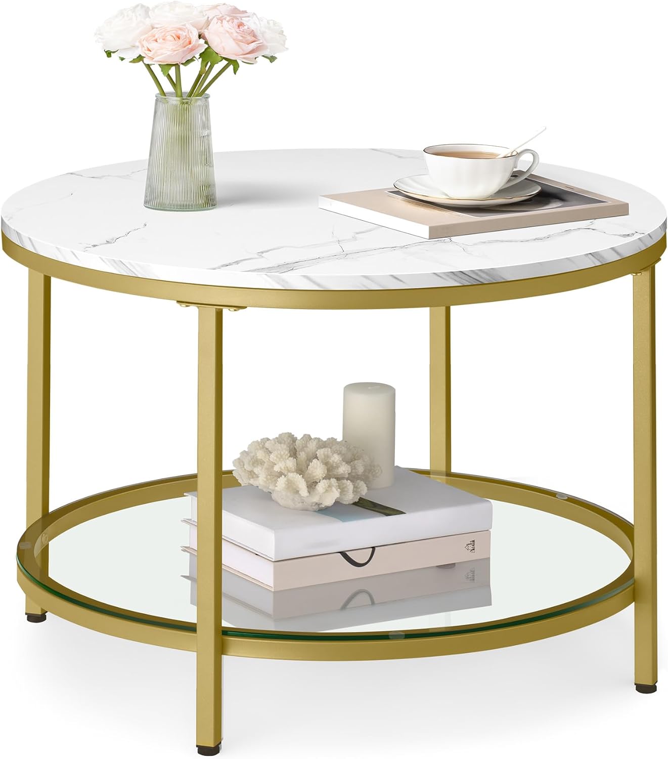 VASAGLE Round Coffee Table, Small Coffee Table with Faux Marble Top and Glass Storage Shelf, 2-Tier Circle Coffee Table, Modern Center Table for Living Room, Marble White and Pale Gold ULCT072W59