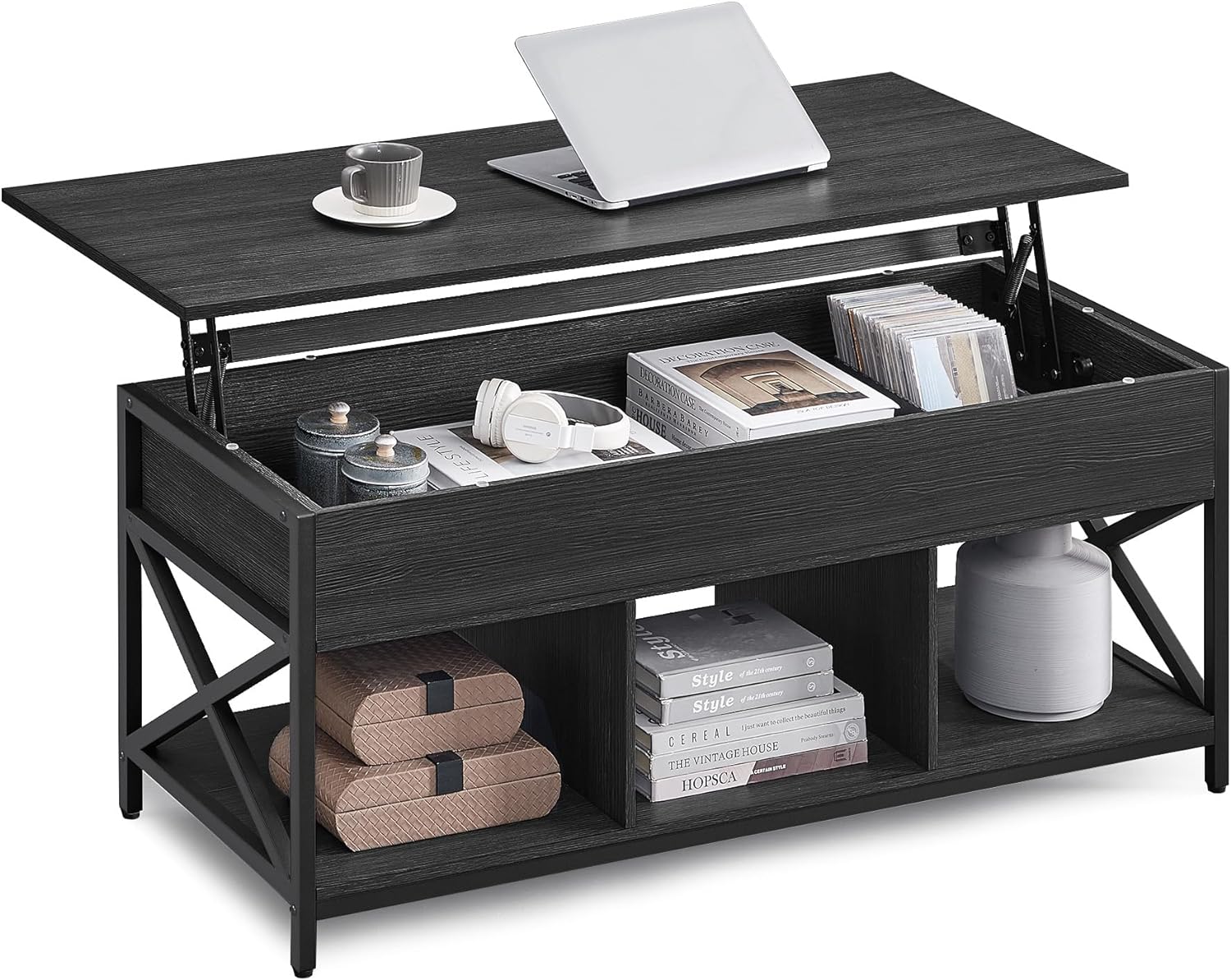 VASAGLE Lift Top Coffee Table, Lift Coffee Table with Storage Shelf, Hidden Compartments and Lifting Top, for Living Room, Office, 19.7 x 47.2 x (19.3-24.4) Inches, Black with Wood Grain ULCT212B22