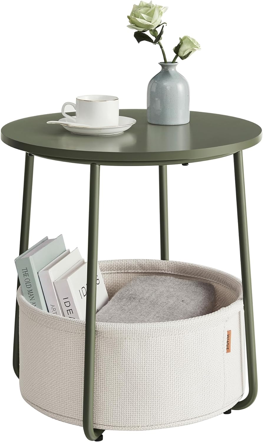 VASAGLE Small Round Side End Table, Modern Nightstand with Fabric Basket, Bedside Table for Living Room Bedroom, Forest Green and Cream White ULET223C80