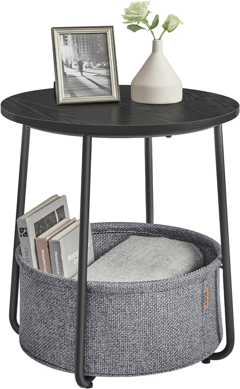 VASAGLE Small Round Side End Table, Modern Nightstand with Fabric Basket, Bedside Table for Living Room Bedroom, Ebony Black and Slate Gray ULET223B01