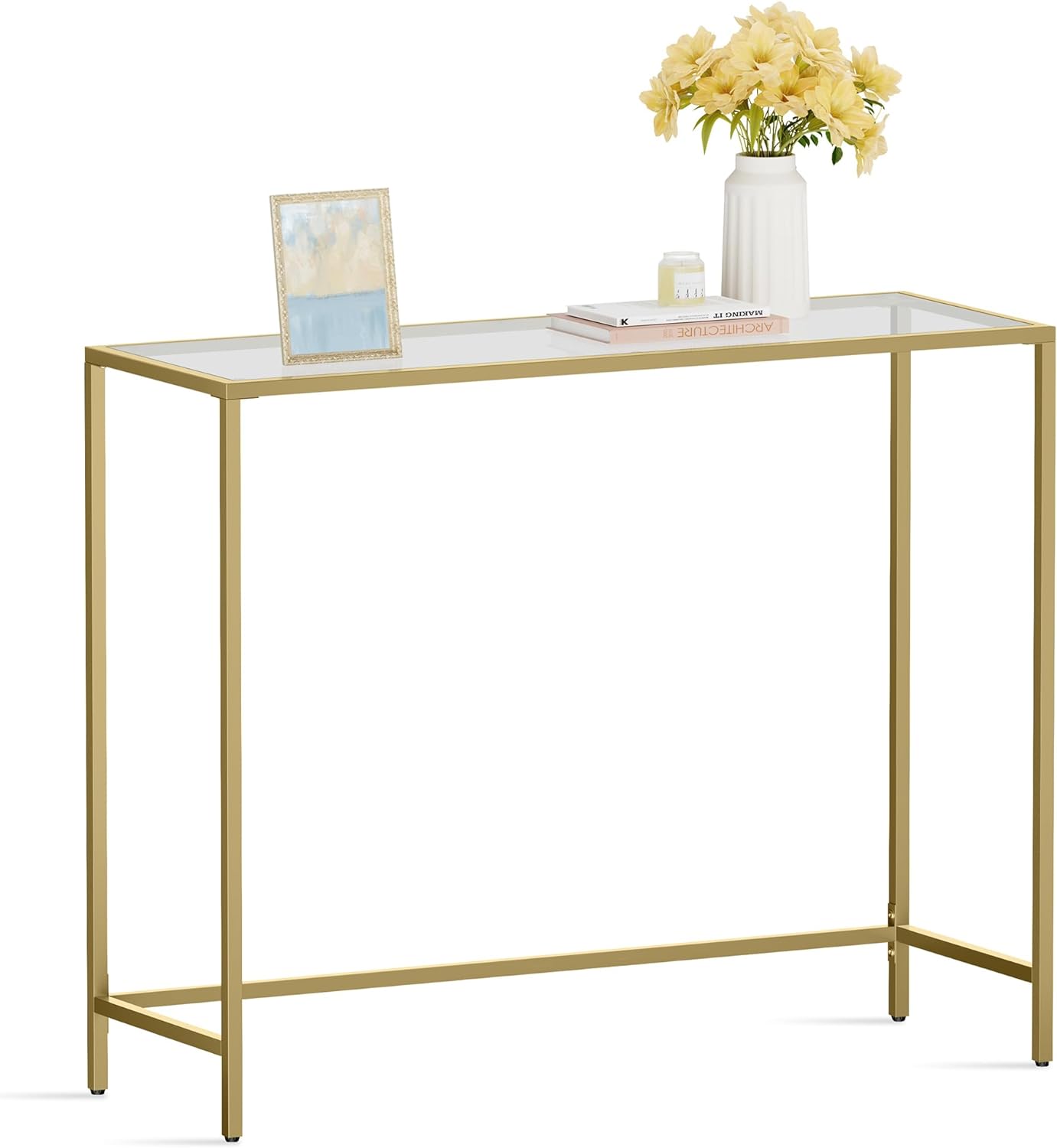 VASAGLE 39.4 Inches Console Table, Tempered Glass Sofa Table, Modern Entryway Table, Metal Frame, Easy to Assemble, Adjustable Feet, for Living Room, Hallway, Gold Color ULGT26G