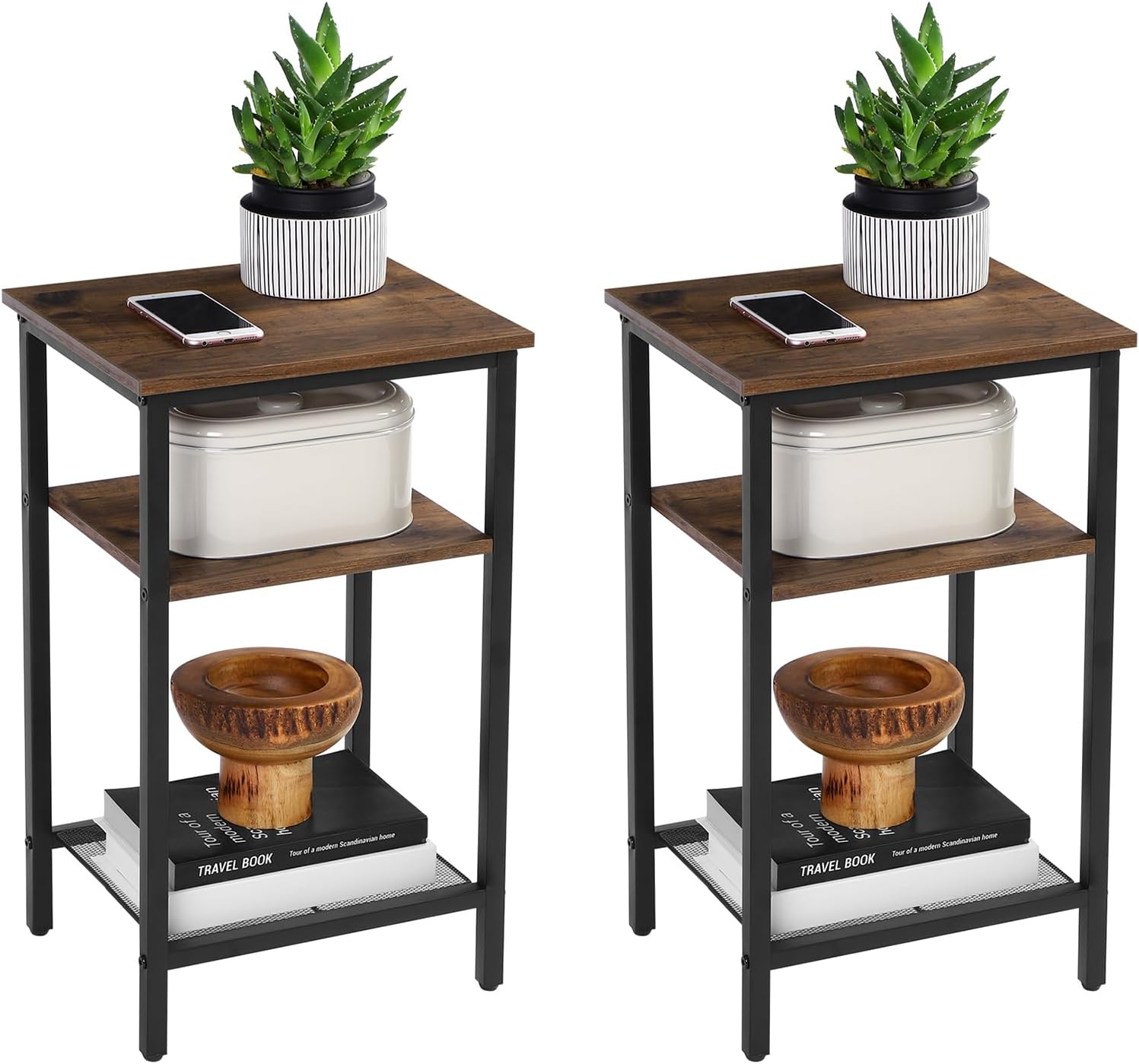 VASAGLE End Table Set of 2, 3-Tier Nightstands, Side Table for Small Space in Living Room, Bedroom, Steel Frame, Easy Assembly, 2-Pack, Chestnut Brown