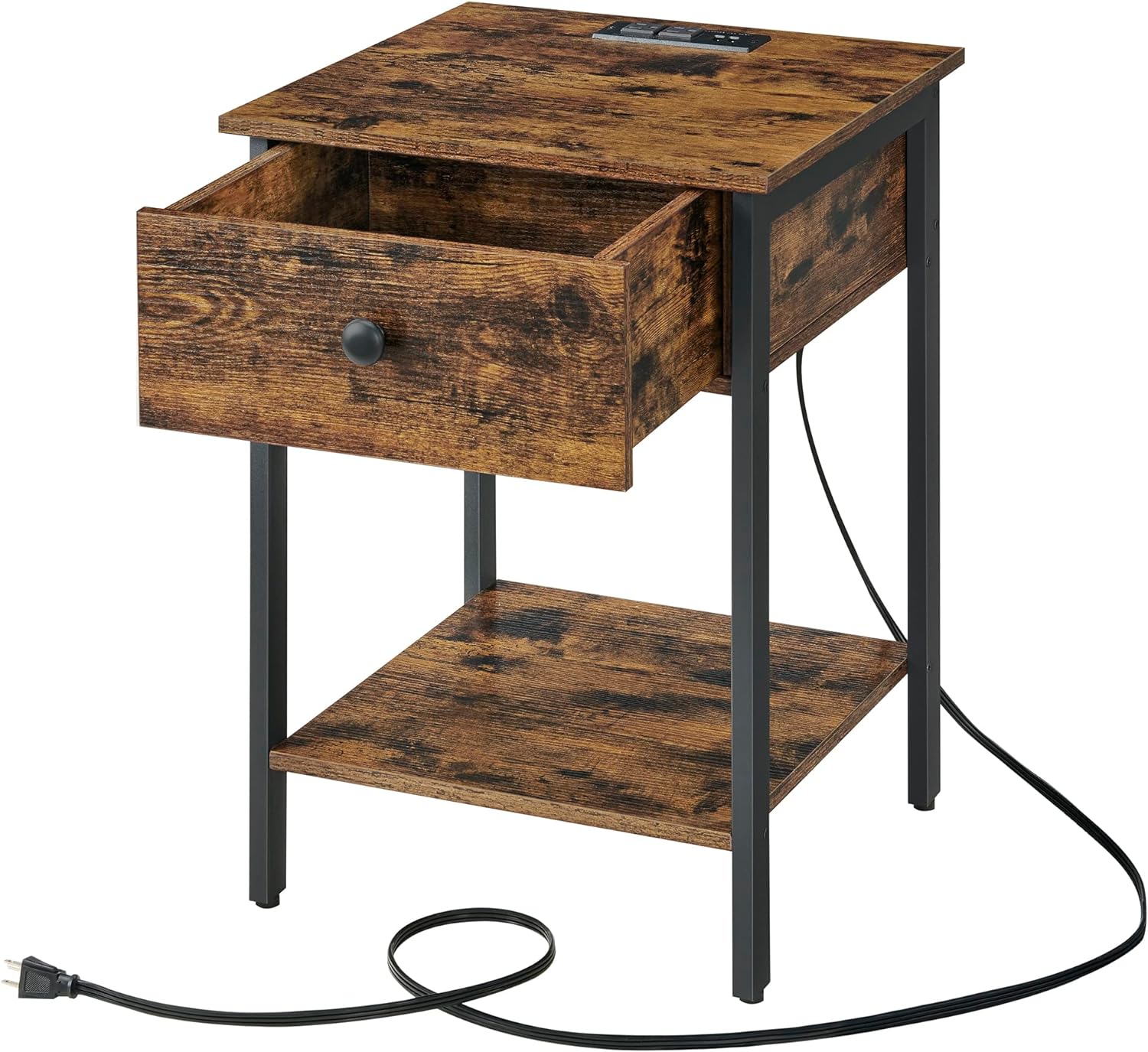 VASAGLE Nightstand with Charging Station, Side Table with Drawer and Open Shelf, End Table, for Bedroom, Easy Assembly, Industrial, Plug-in Series, Rustic Brown and Black ULET513B01