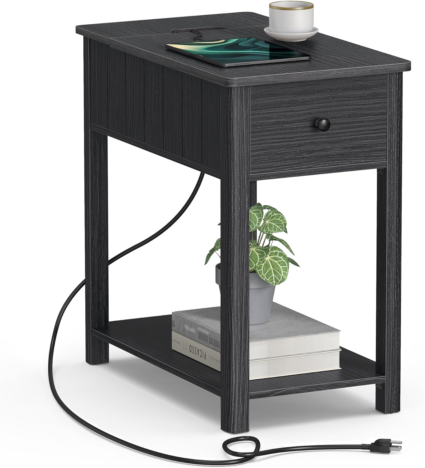 VASAGLE Side Table with Charging Station, End Table with USB Ports and Outlets, Nightstand with Storage, for Living Room, Bedroom, Modern Farmhouse Style, Black ULET318B22