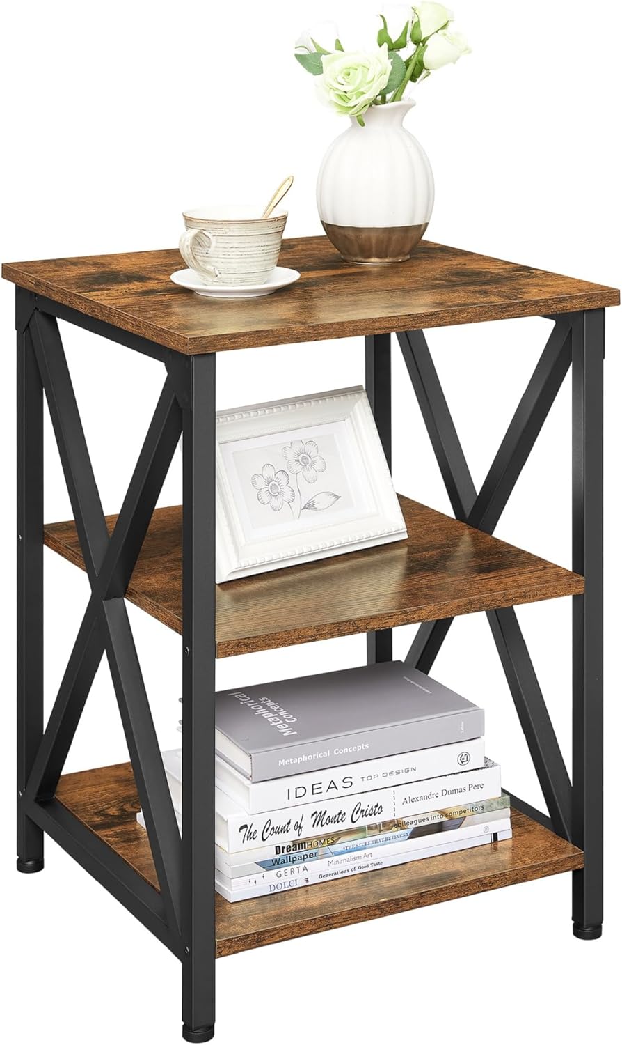 VASAGLE Side Table, 3-Tier Nightstand with Storage, End Table with S-shaped Steel Frame for Living Room Bedroom, 15.7 x 15.7 x 23.6 Inches, Farmhouse Style, Rustic Brown and Black ULET278B01V1