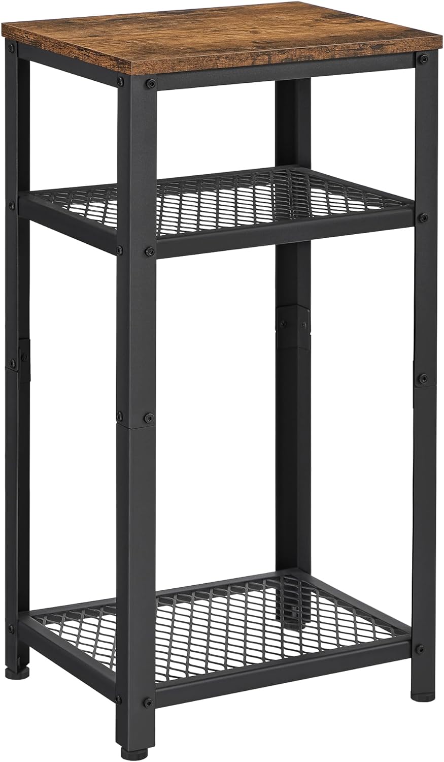 VASAGLE 3-Tier Tall Side Table, Small Telephone End Table Stand with 2 Mesh Storage Shelves for Office, Bedroom, Living Room, Kitchen Cart, Rustic Brown and Black