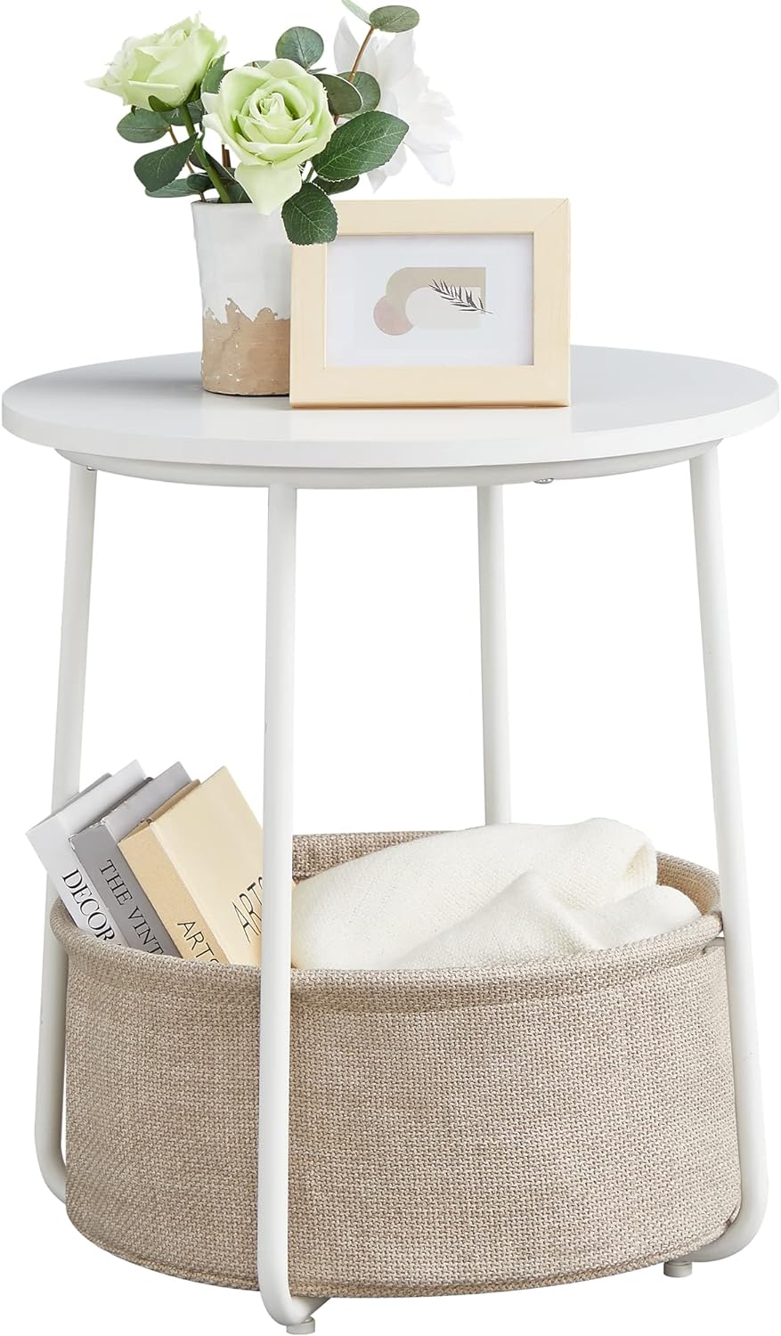 VASAGLE Small Round Side End Table, Modern Nightstand with Fabric Basket, Bedside Table for Living Room Bedroom, Classic White and Sand Beige LET223W10