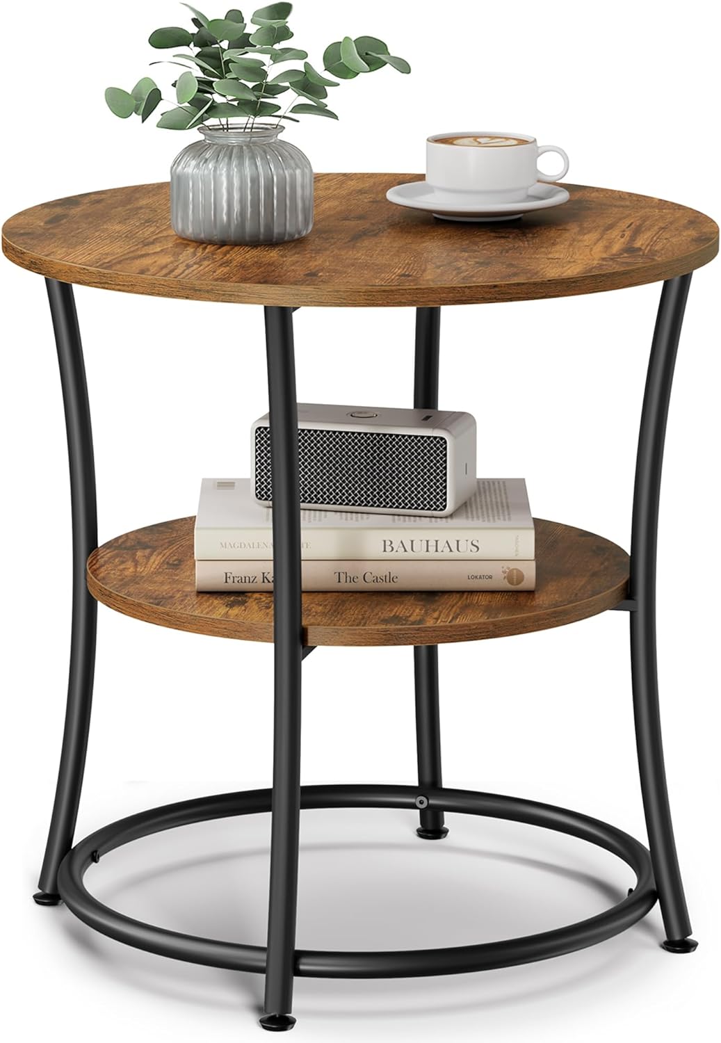 VASAGLE Side Table, Round End Table with 2 Shelves for Living Room, Bedroom, Nightstand with Steel Frame for Small Spaces, Outdoor Accent Coffee Table, Rustic Brown and Black