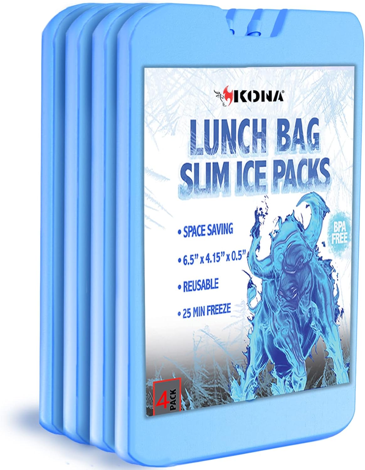 Kona Ice Packs for Lunch Boxes - No Ice Bags Required - Reusable Long Lasting Cooler Ice Packs (-5C) Small Thin Freezer Packs - Freezes in 25 Minutes (Set of 4)