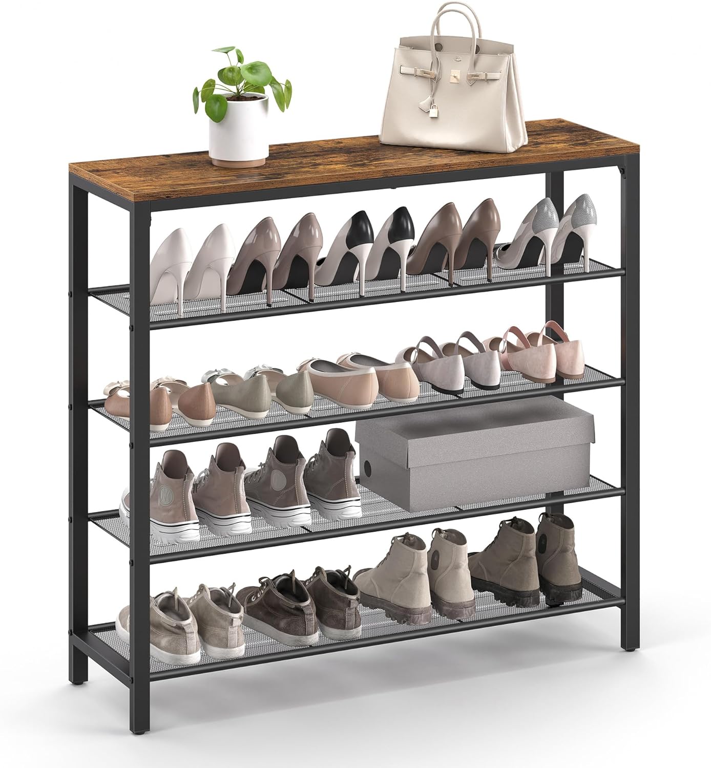 VASAGLE Shoe Rack, 5-Tier Shoe Storage Organizer with 4 Metal Mesh Shelves for 16-20 Pairs and Large Surface for Bags, for Entryway, Hallway, Closet, Industrial, Rustic Brown and Black ULBS15BX