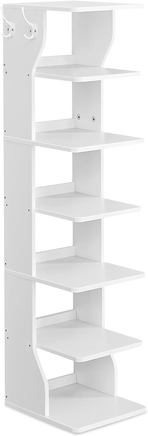 VASAGLE 7 Tier Vertical Shoe Rack, Narrow Shoe Storage Organizer with Hooks, Slim Wooden Corner Shoe Tower Rack, Robust and Durable, Space Saving for Entryway and Bedroom, White ULBS200T14