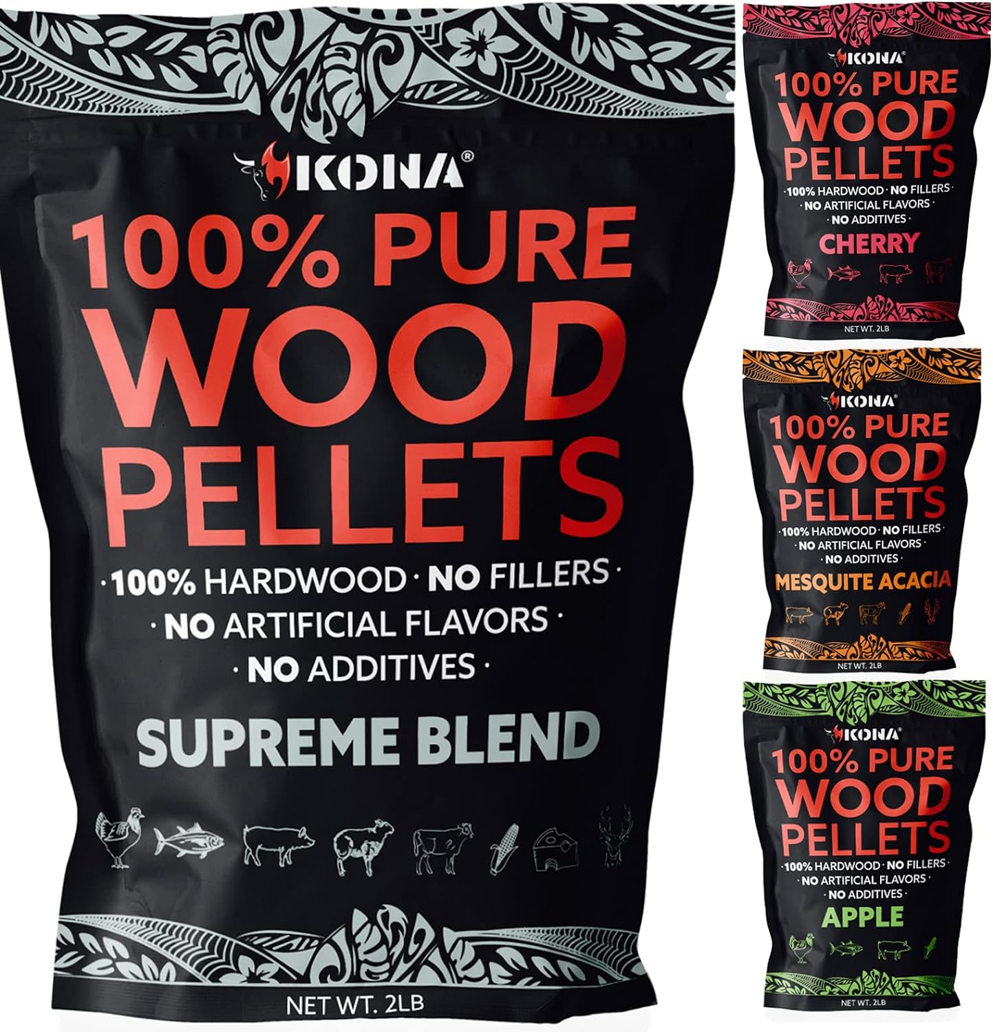 Kona Smoker Grilling Pellet (Set of 4) 2 Pound Variety Pack (8 pounds Total), Apple + Cherry + Supreme Blend + Mesquite Acacia Blend