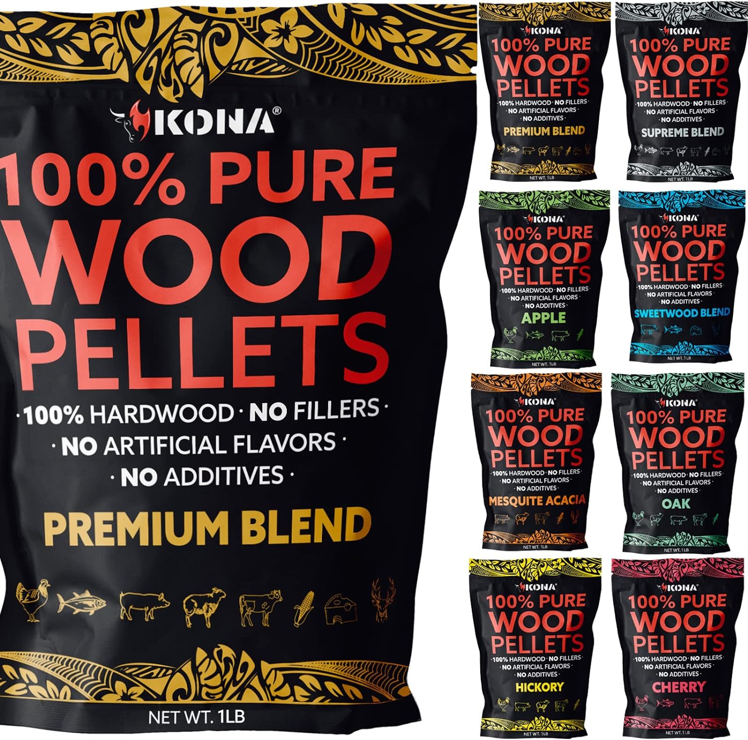 Kona Smoker Grilling Pellet Sets 8X /1 Pound Variety Pack (8 pounds Total), 100% Oak+100% Hickory+Sweetwood Blend+Premium Blend+100% Apple+100% Cherry+Supreme Blend+100% Mesquite Acacia