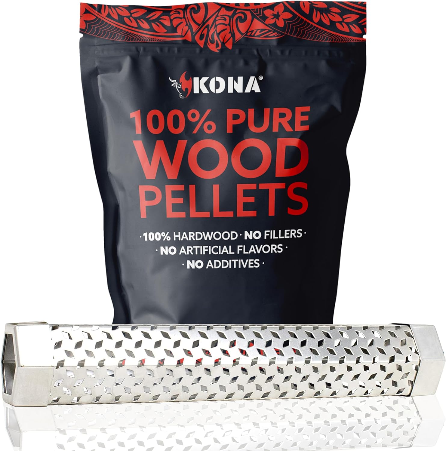 Kona Wood Smoker Tube & Smoking Pellets Set - Hot & Cold Smoke for Charcoal, Electric, Gas & All BBQ Grills - Stainless Steel 12 Inch Hexagon & 14 ounces of Premium Blend Hardwood