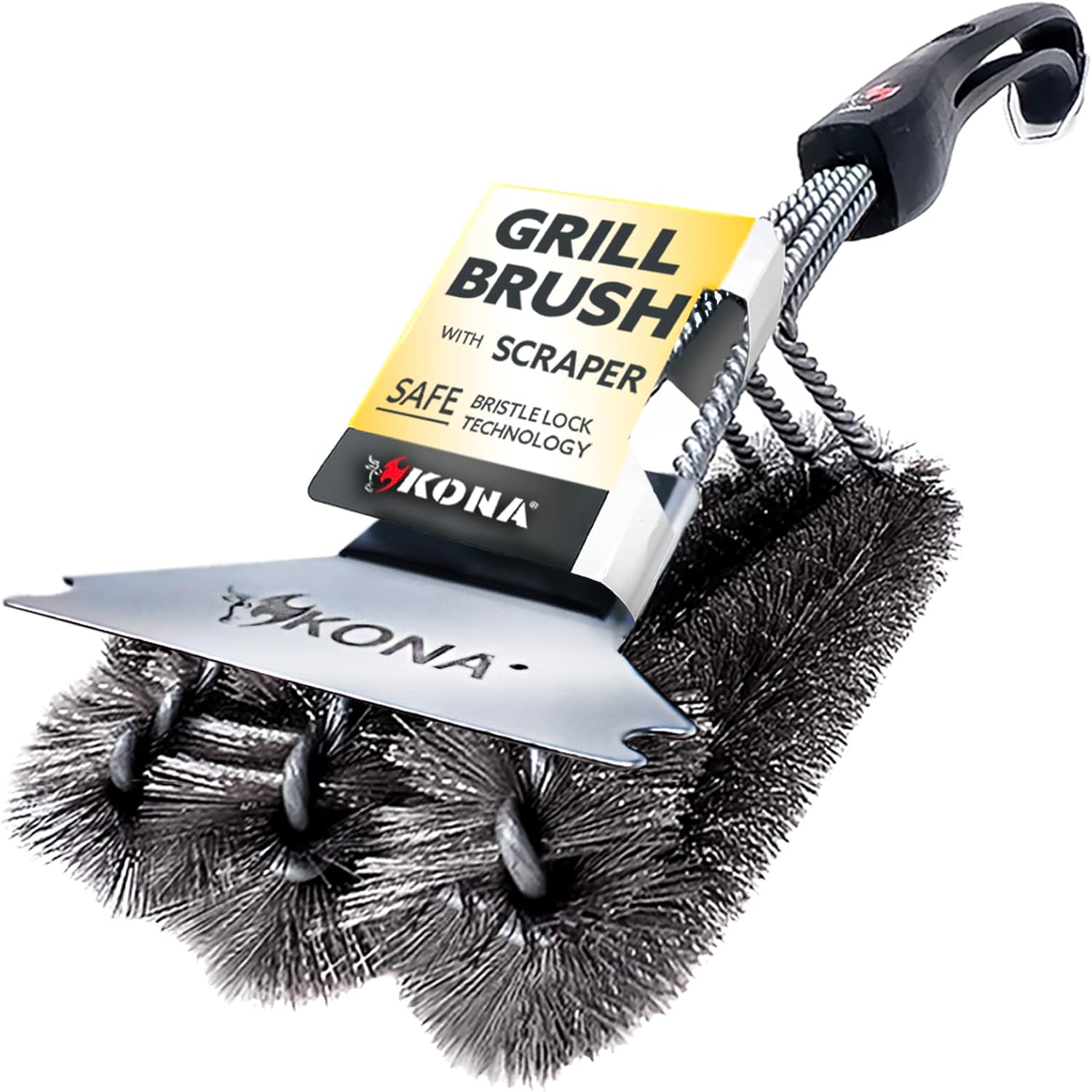 Kona Grill Brush and Scraper - 360 Straight Edge - Compatible with Weber and Pellet Grill Brands - BBQ Cleaner Fits All Grills, Stainless Steel, Cast Iron, Porcelain - Flex Grip Handle