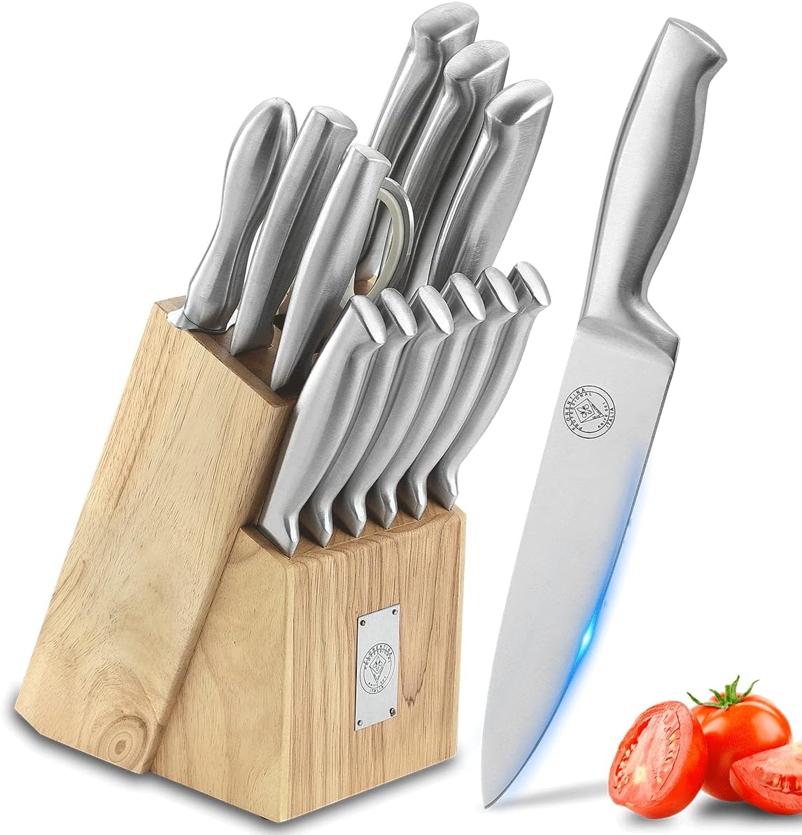 Wanbasion Kitchen Knife Set with Block and Sharpener, German Stainless Steel Knives Set for Kitchen, Chef Knife Sets for Kitchen with Block Steak Knives Scissors Dishwasher Safe Silver 14 Piece