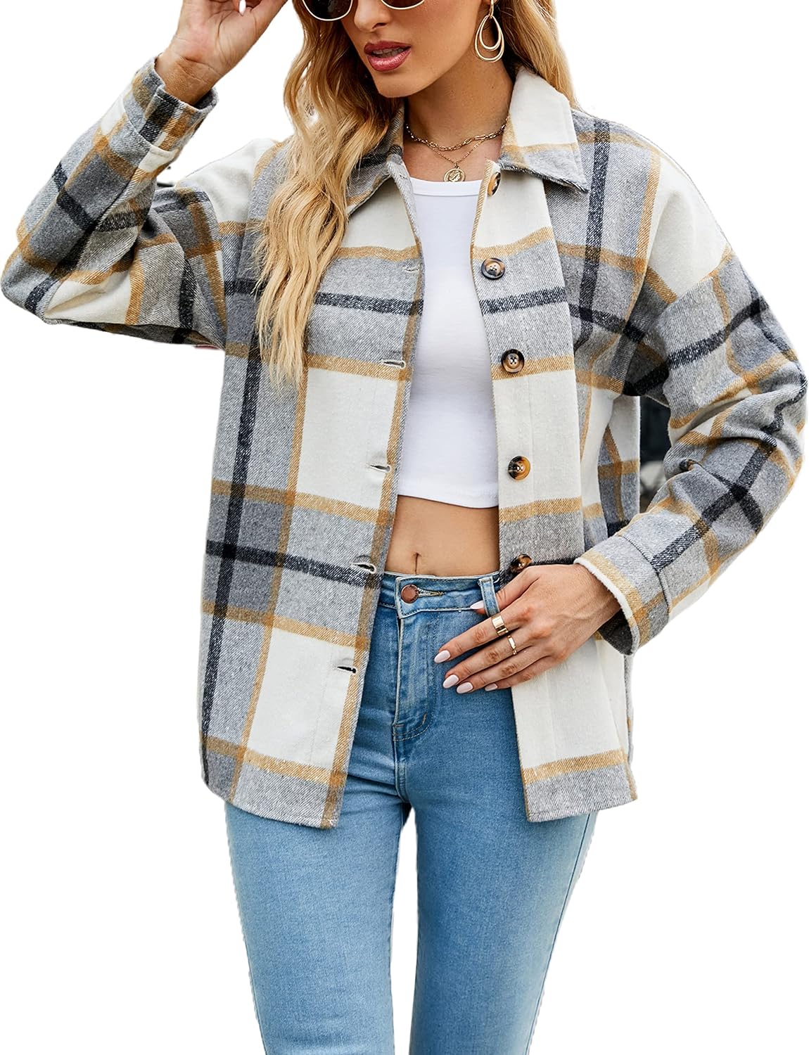 Yeokou Women' Fall Color Block Plaid Flannel Shacket Jacket Button Down Shirt Coat Tops