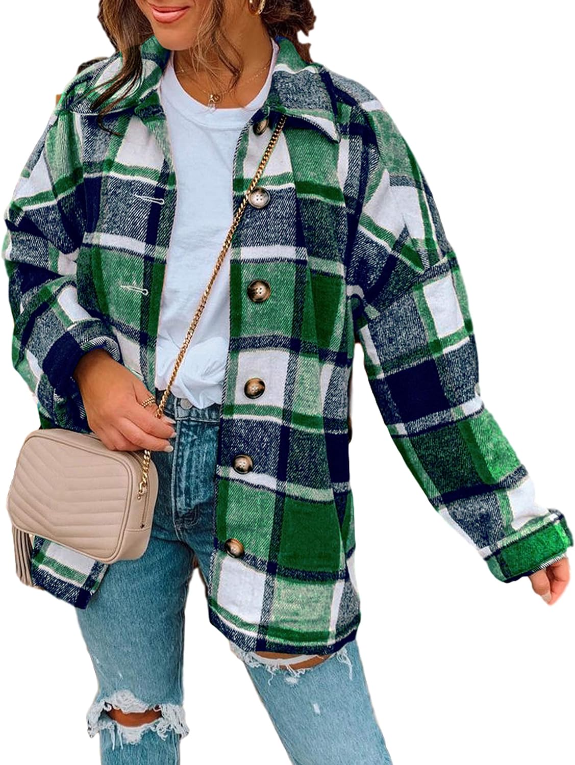 Yeokou Women' Fall Color Block Plaid Flannel Shacket Jacket Button Down Shirt Coat Tops