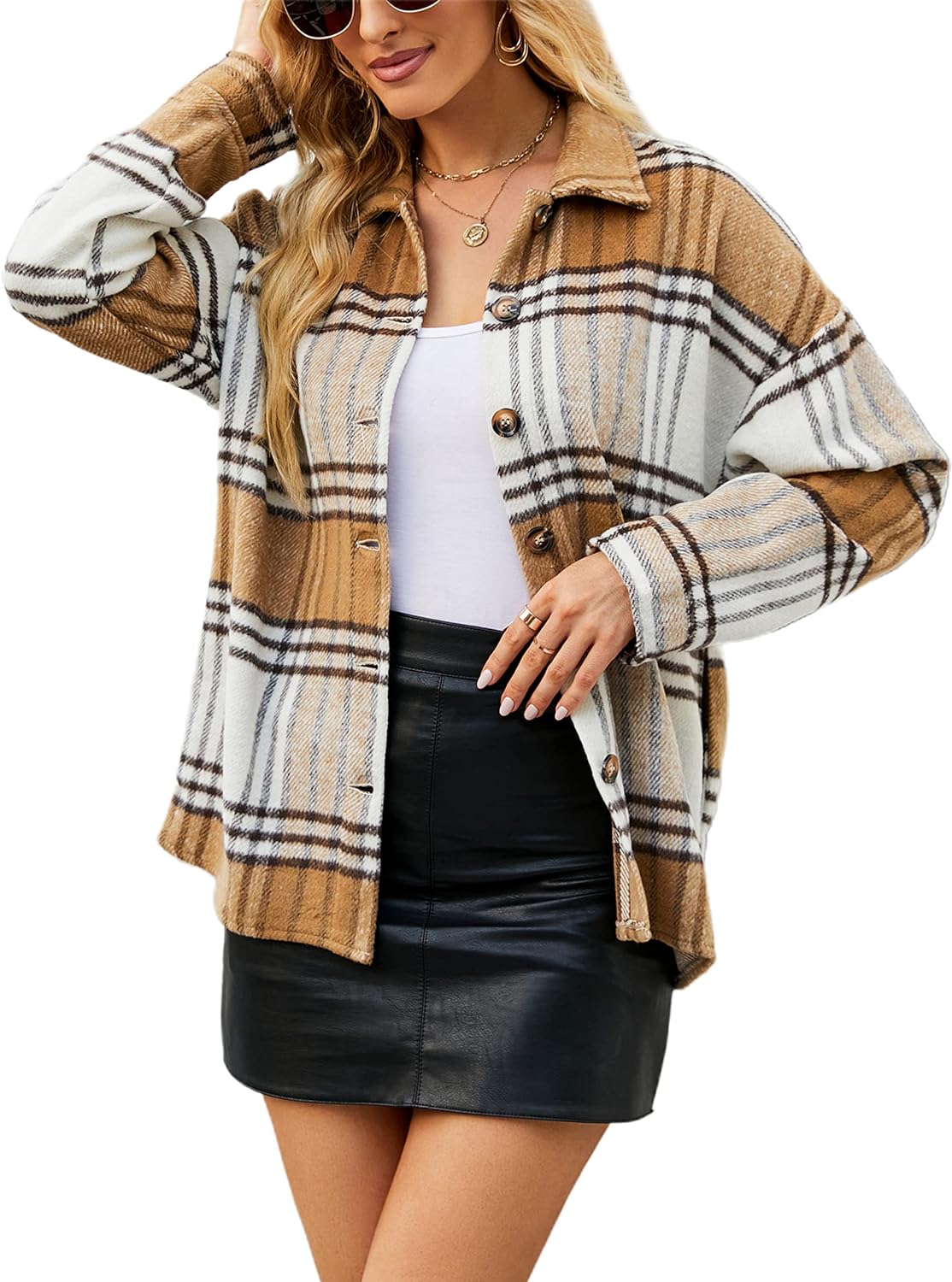 Yeokou Women' Fall Color Block Plaid Flannel Shacket Jacket Button Down Shirt Coat Tops