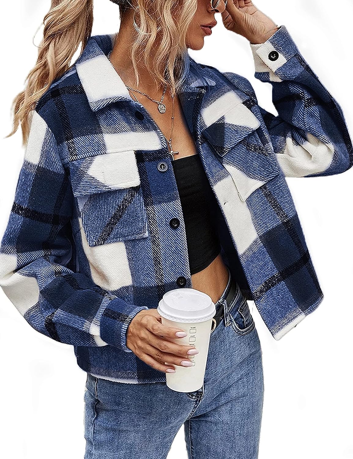 Yeokou Women' Fashion Cropped Flannel Wool Blend Plaid Shacket Long Sleeve Button Down Jackets Coat