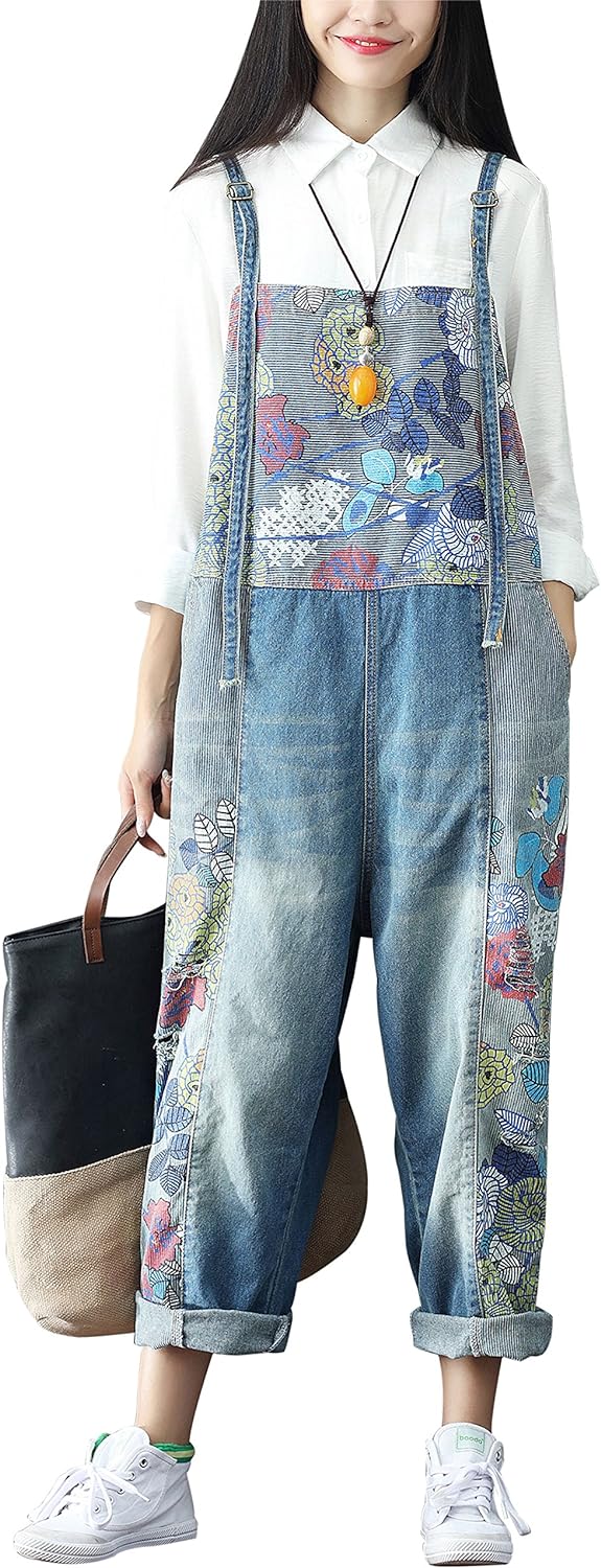 Yeokou Women' Loose Baggy Denim Wide Leg Drop Crotch Jumpsuit Rompers Overalls