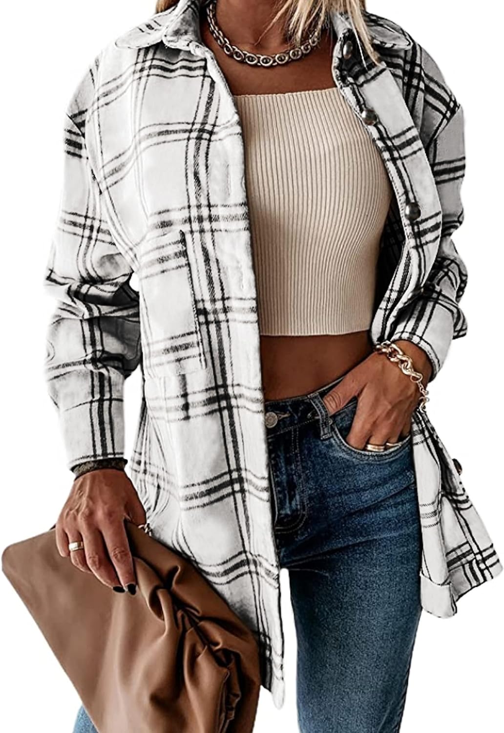 Yeokou Women' Vintage Plaid Flannel Brushed Wool Blend Button Down Shacket Shirt Jacket