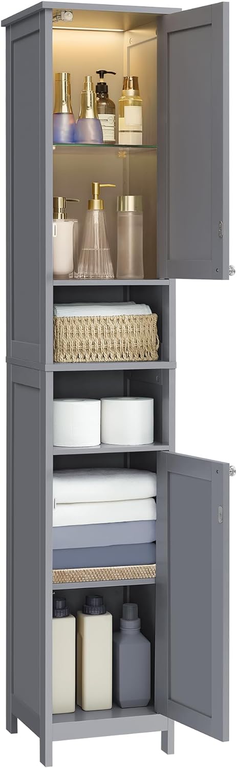 VASAGLE Tall Bathroom Cabinet with Lights, Slim Bathroom Storage Cabinet, Freestanding Narrow Cabinet with Adjustable Shelves, Open compartments, for Small Spaces, Modern, Dove Gray UBBC566G02