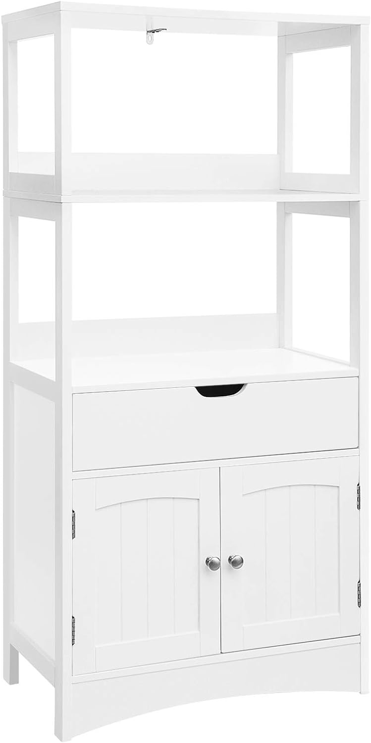 VASAGLE Bathroom Storage Drawer, 2 Open Shelves and Door Cupboard, Large Floor Cabinet in The Entryway, Kitchen, White UBBC64WT, 12.8 D x 23.6 W x 48 H