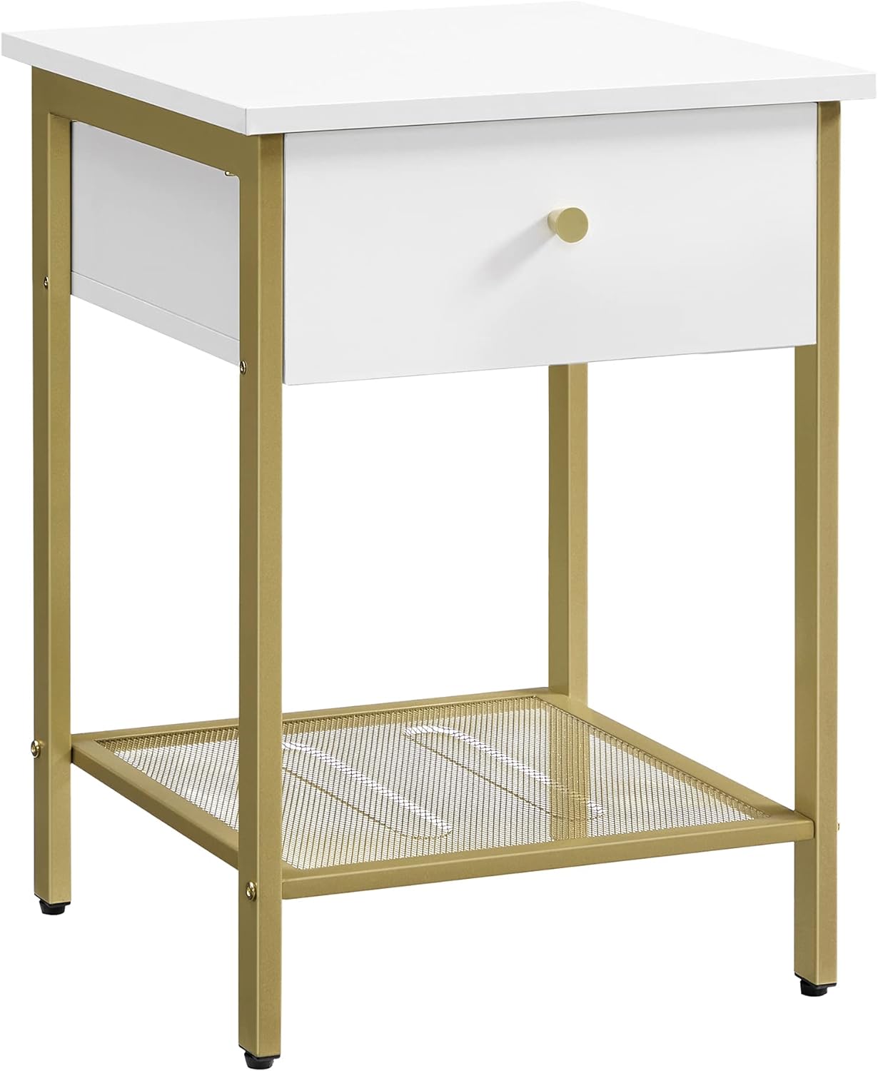 VASAGLE White Nightstand with Drawer, Bedside Table, End Table with Open Shelf, Modern Style for Bedroom, White and Gold ULET512A10