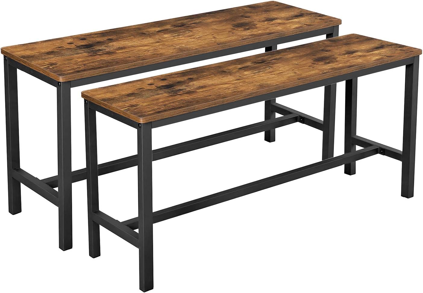 VASAGLE Dining Bench, Pair of 2, Industrial Style, Steel Frame, for Kitchen, Living Room, 12.8 x 42.5 x 19.7 Inches, Rustic Brown + Black