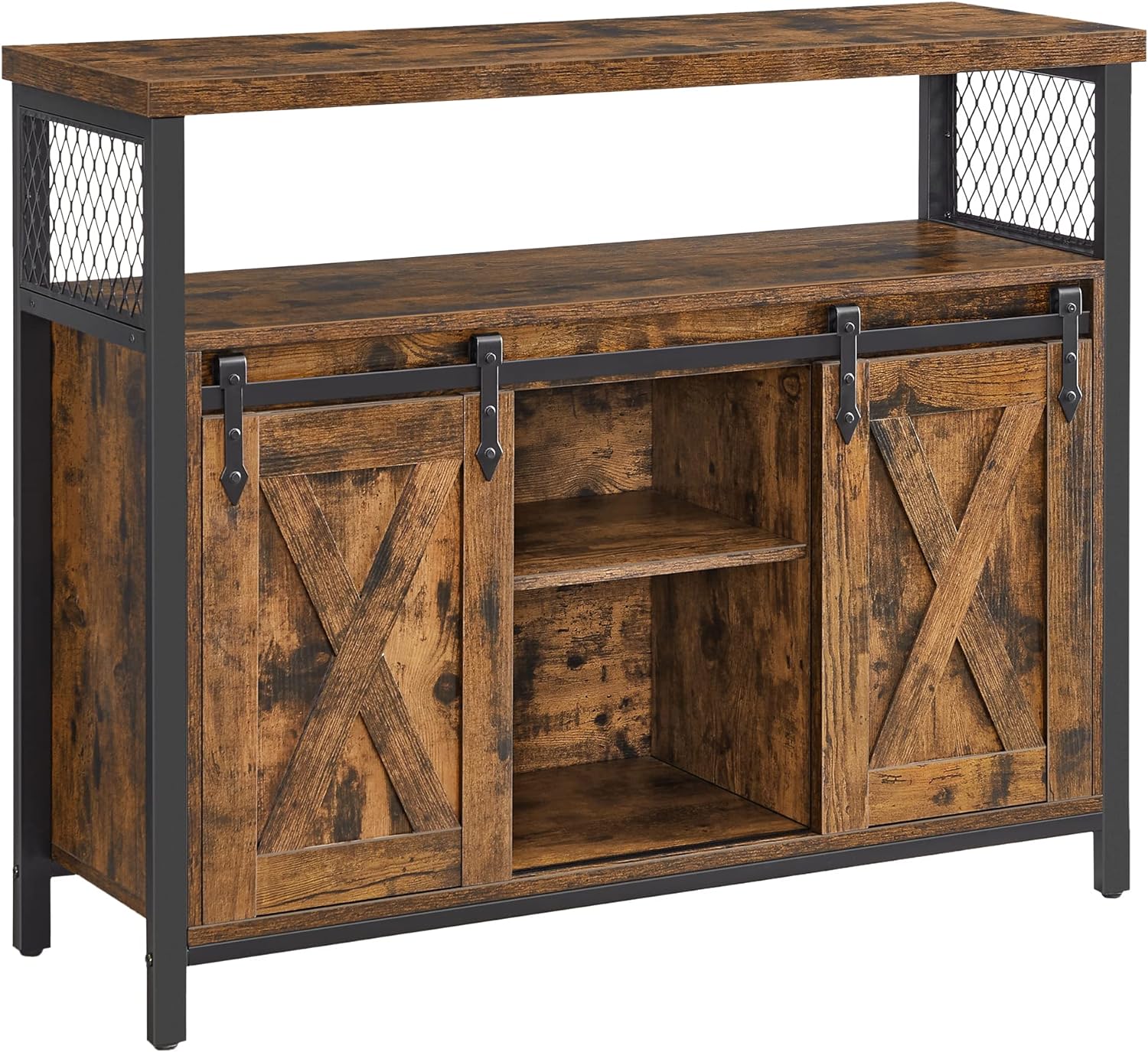 VASAGLE Buffet Sideboard Storage Cabinet with Adjustable Shelf and Sliding Barn Door, Open Compartment, 13 x 39.4 x 31.5 Inches, Rustic Brown and Black